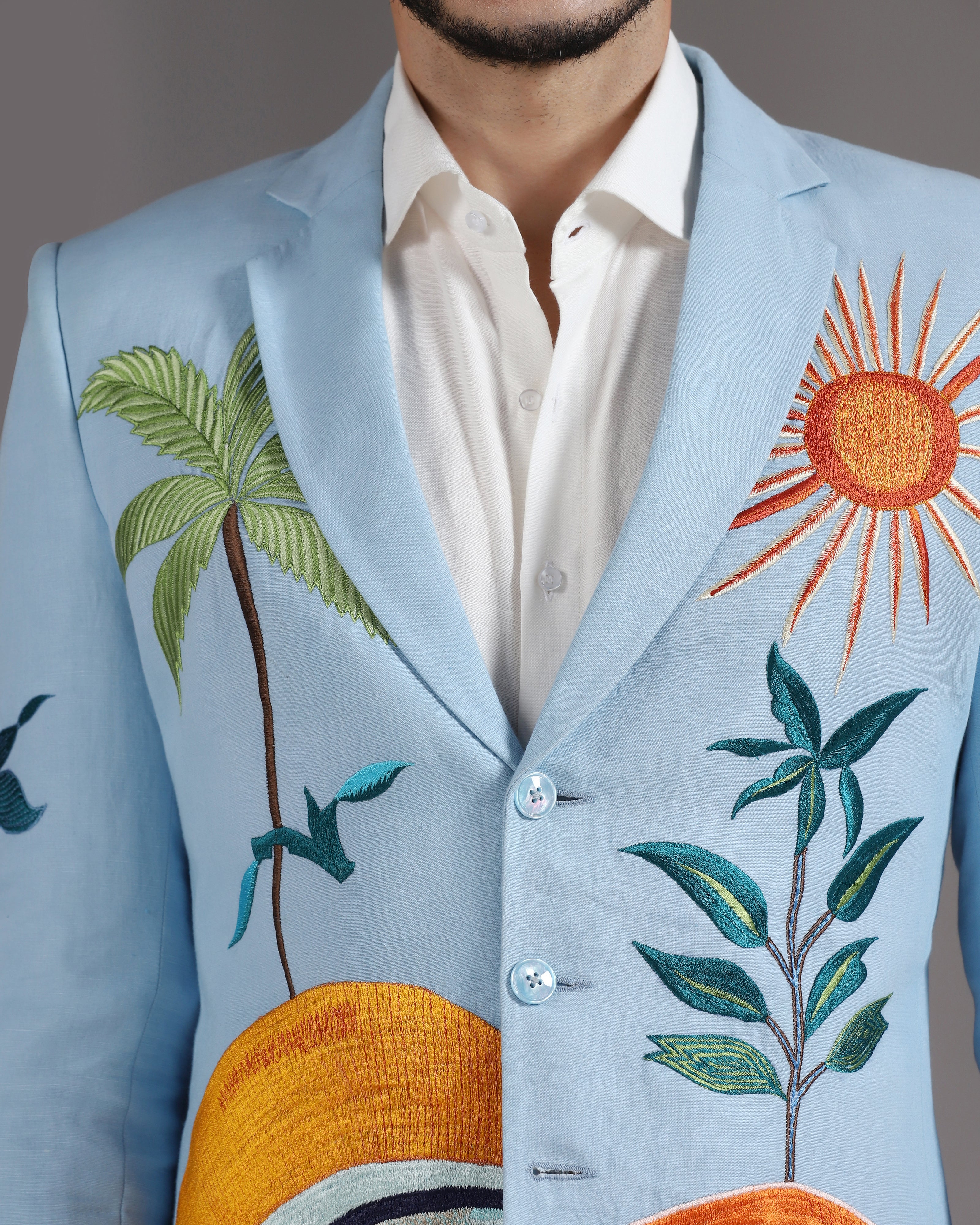 Sky Blue Tropical Landscape Blazer with Ivory Trousers
