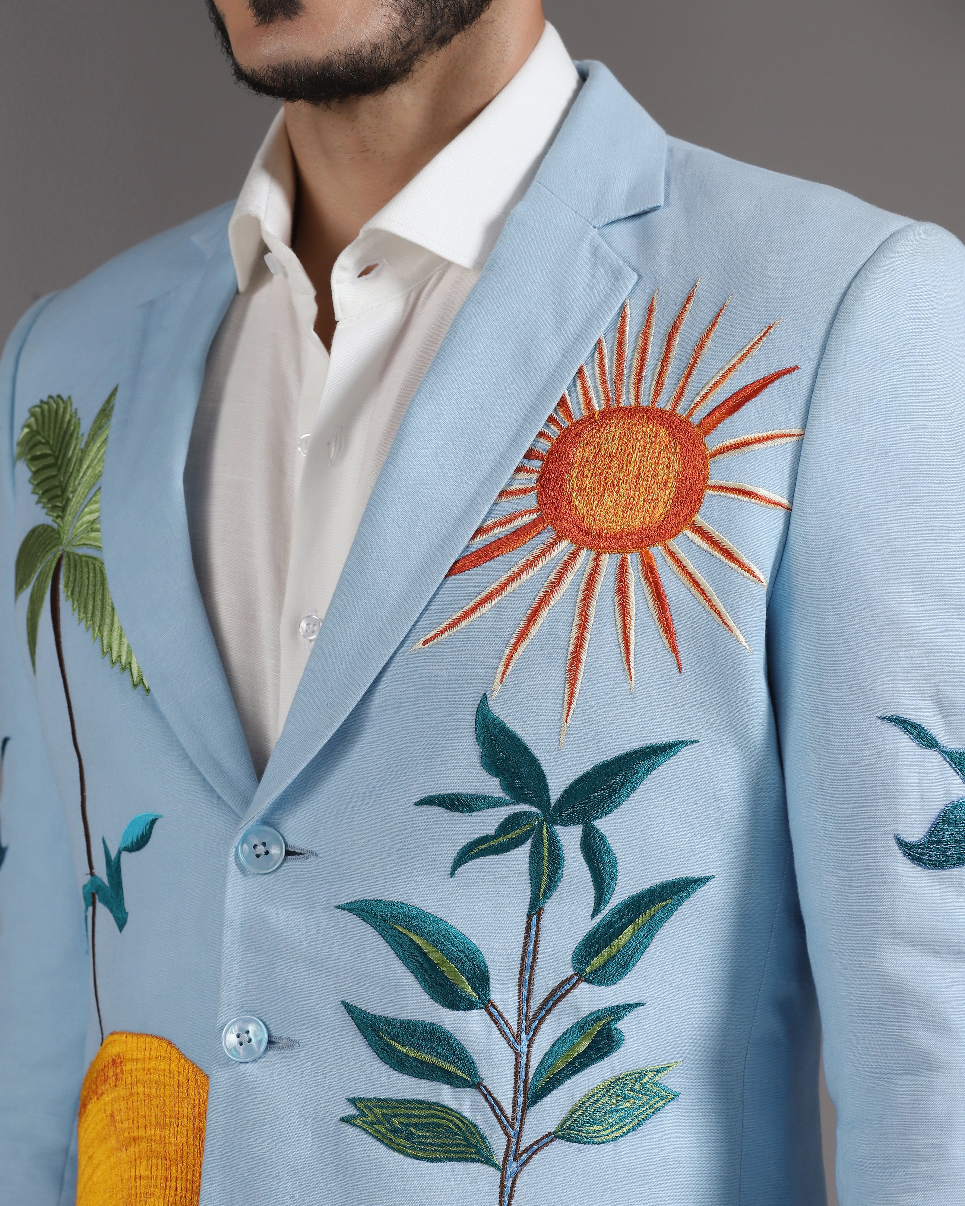 Sky Blue Tropical Landscape Blazer with Ivory Trousers