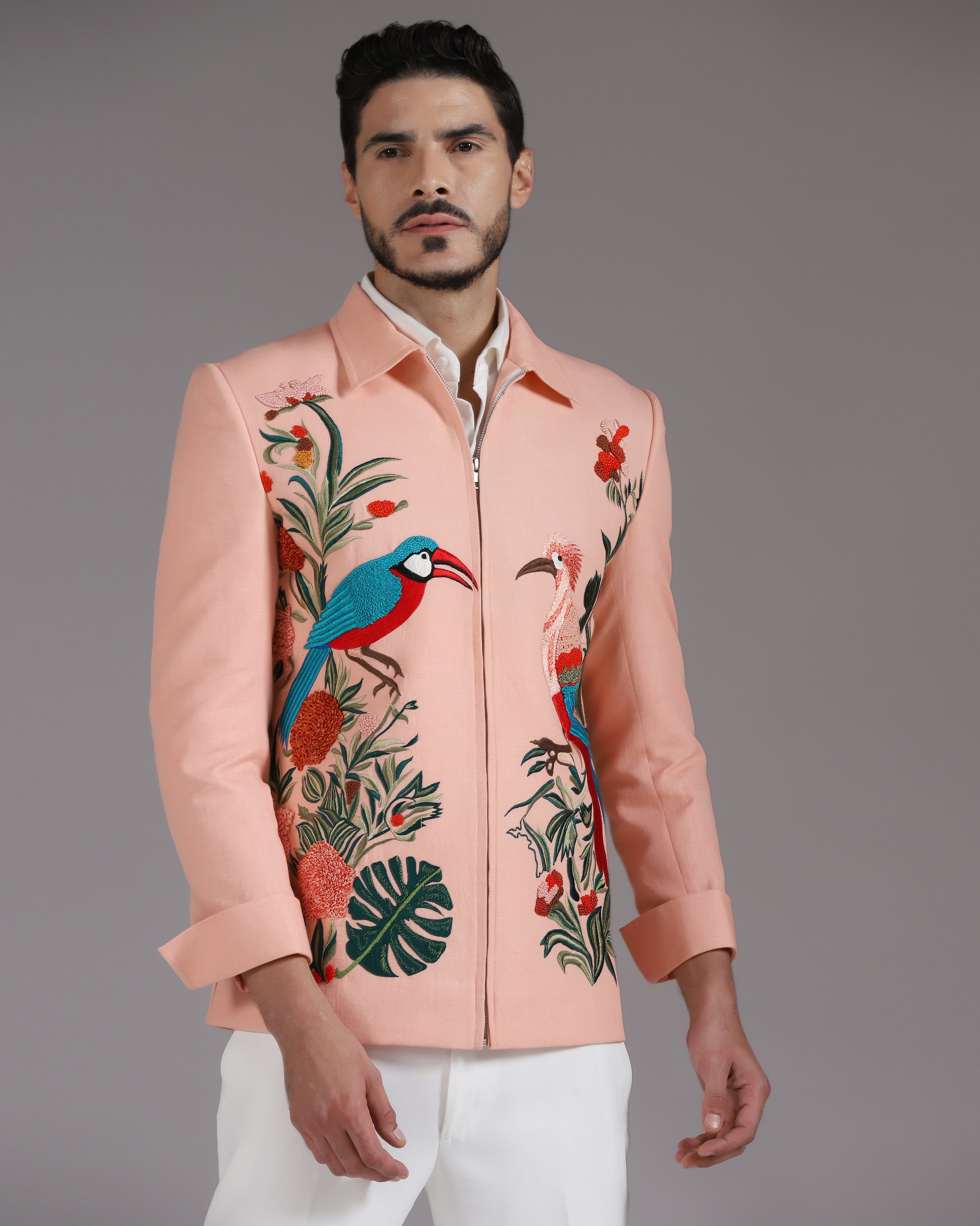 Tropical Bird Embroidered Peach Zipper Blazer with Ivory Trousers