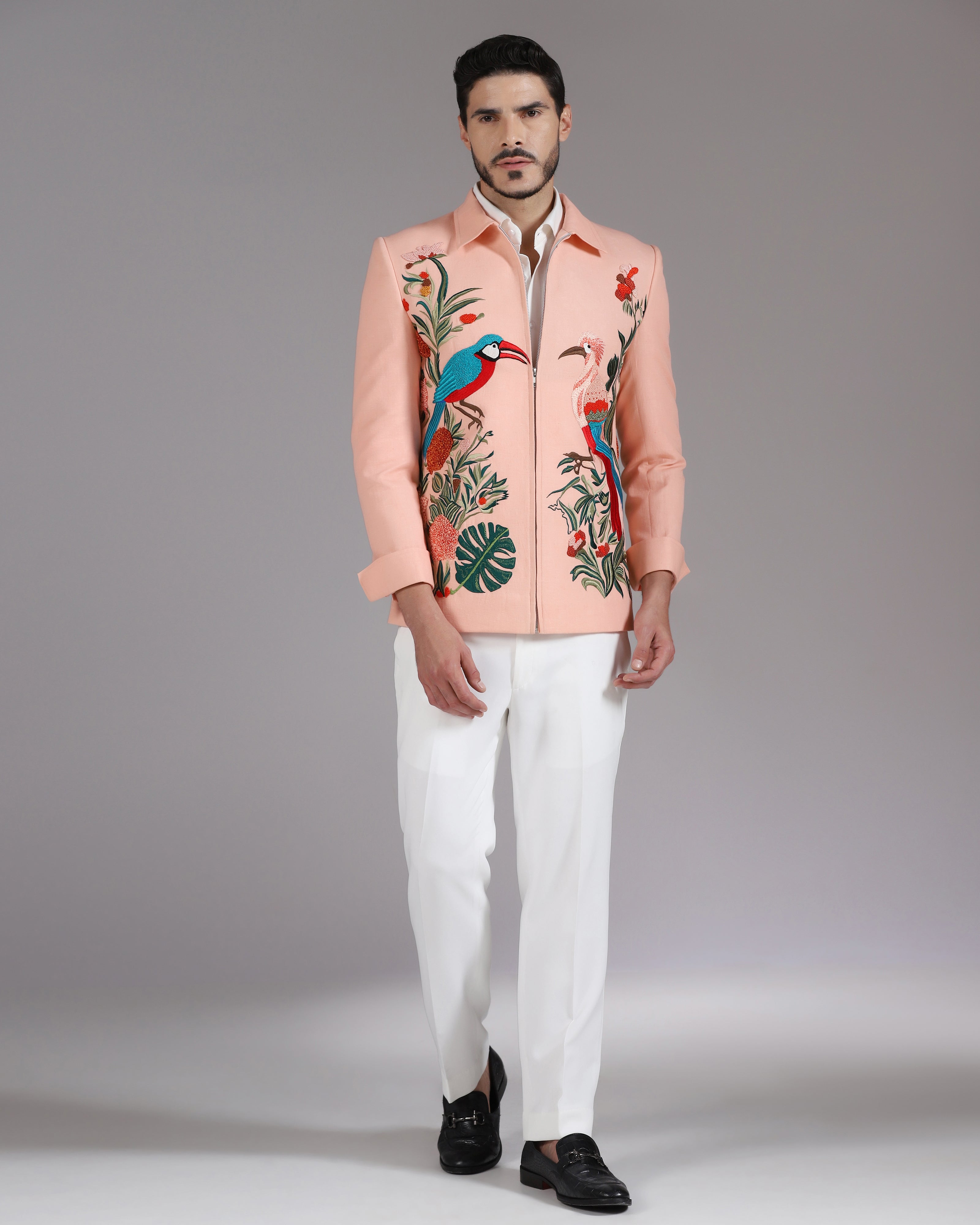 Tropical Bird Embroidered Peach Zipper Blazer with Ivory Trousers