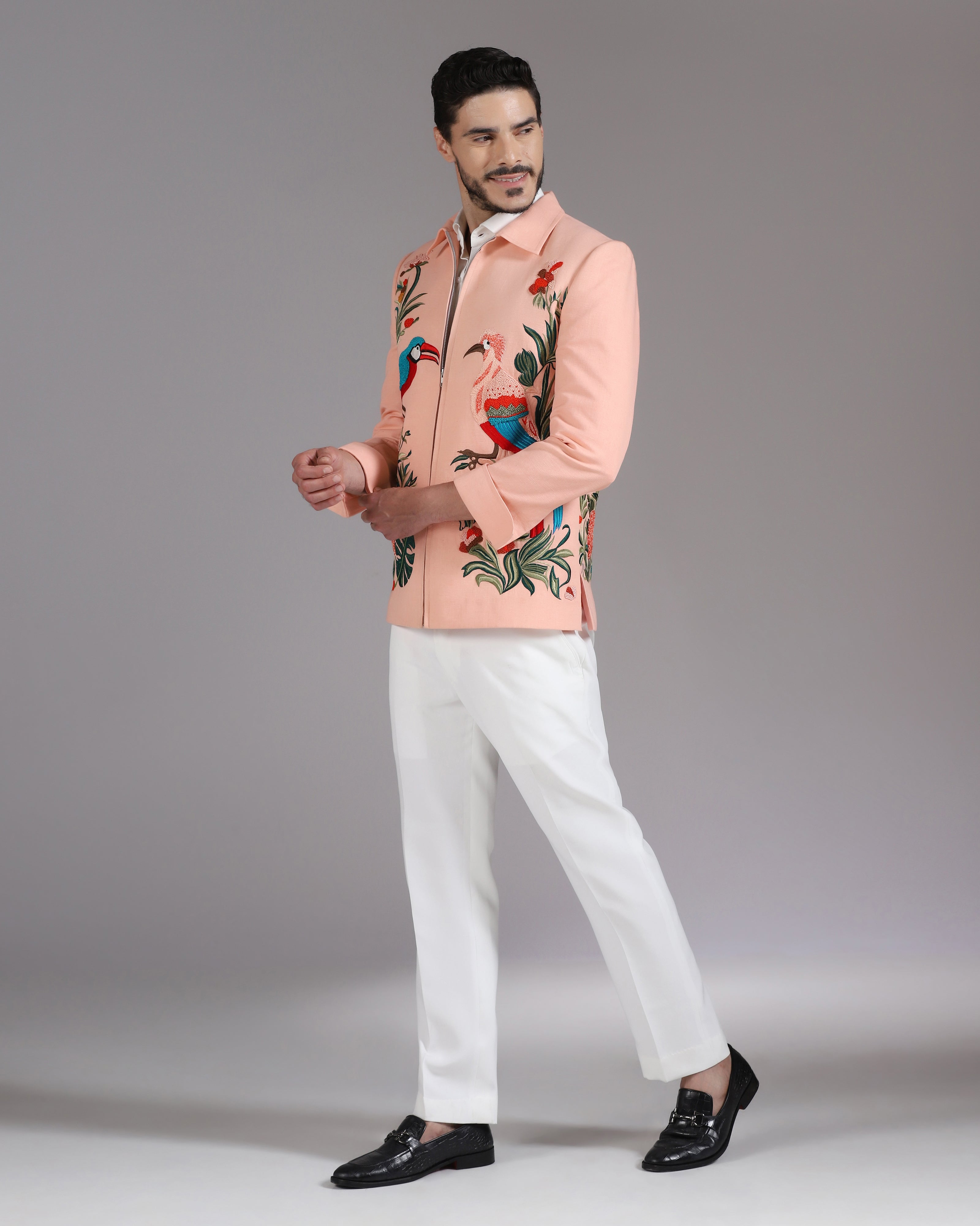 Tropical Bird Embroidered Peach Zipper Blazer with Ivory Trousers