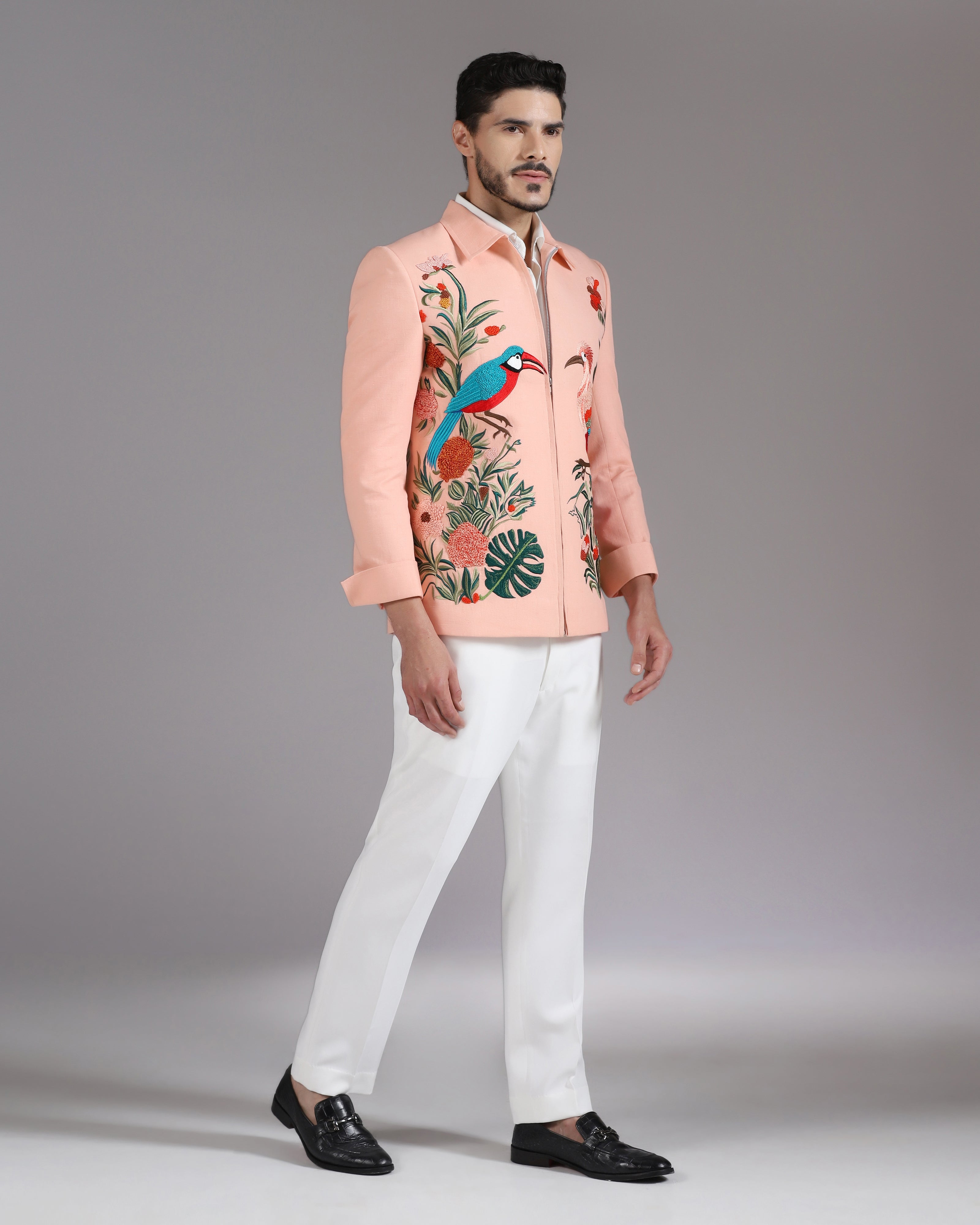 Tropical Bird Embroidered Peach Zipper Blazer with Ivory Trousers