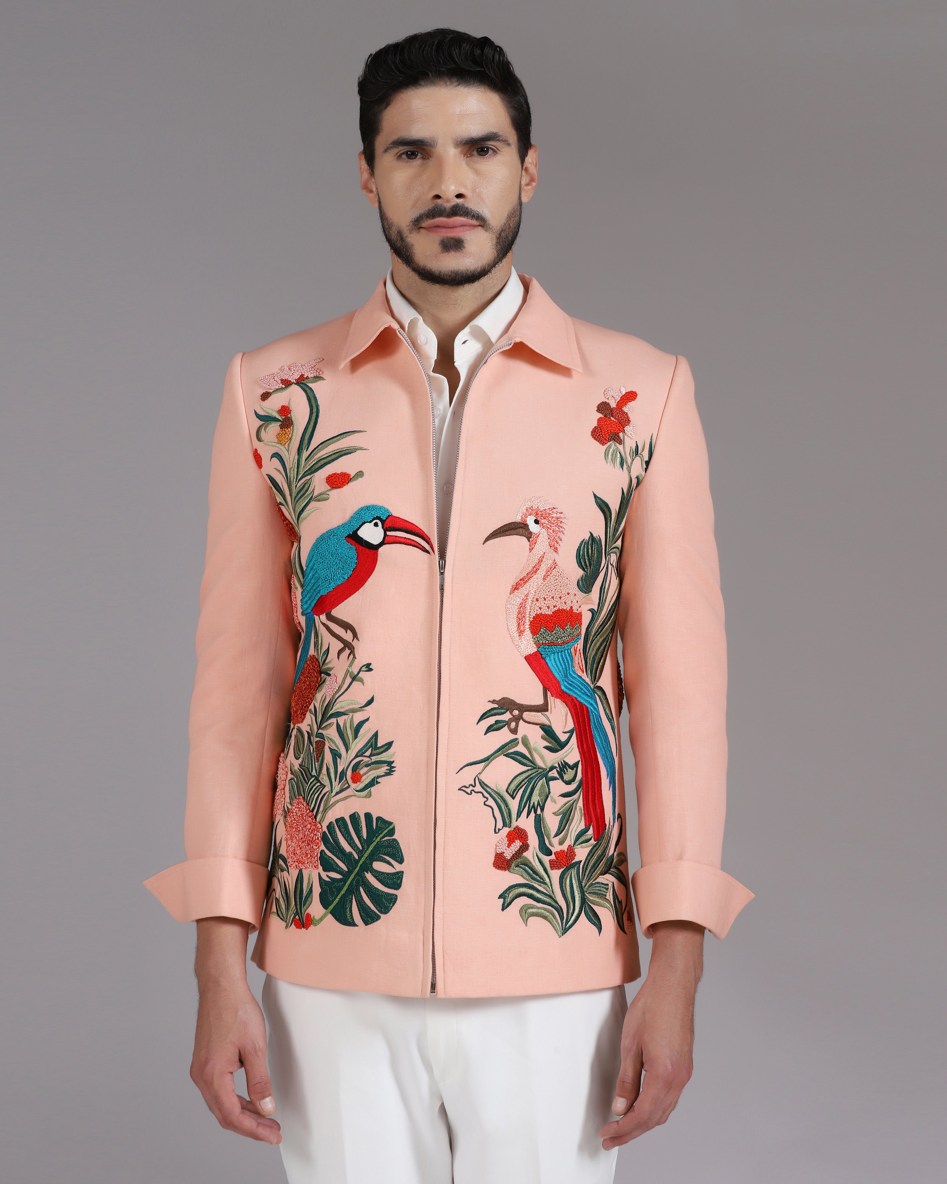 Tropical Bird Embroidered Peach Zipper Blazer with Ivory Trousers