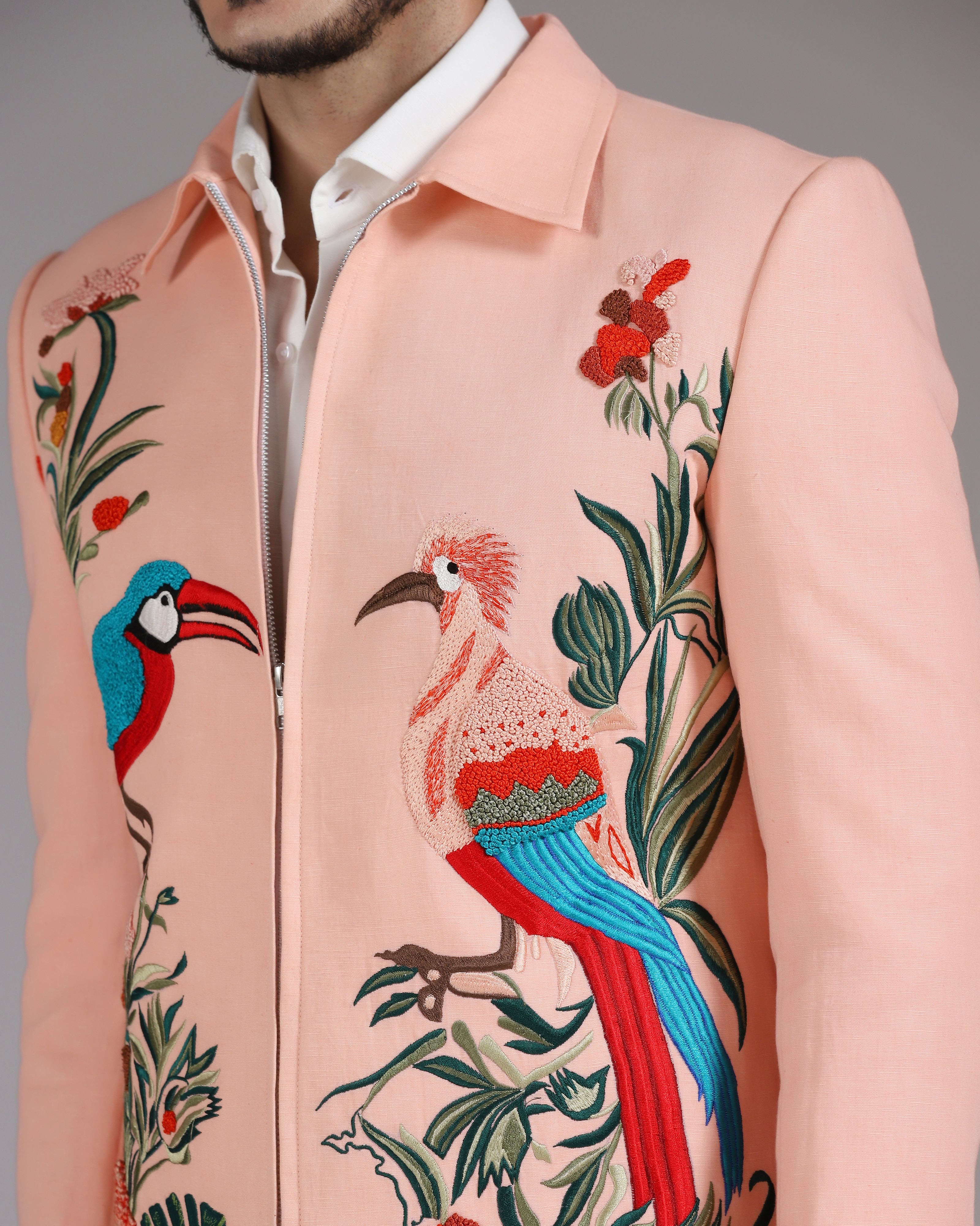 Tropical Bird Embroidered Peach Zipper Blazer with Ivory Trousers