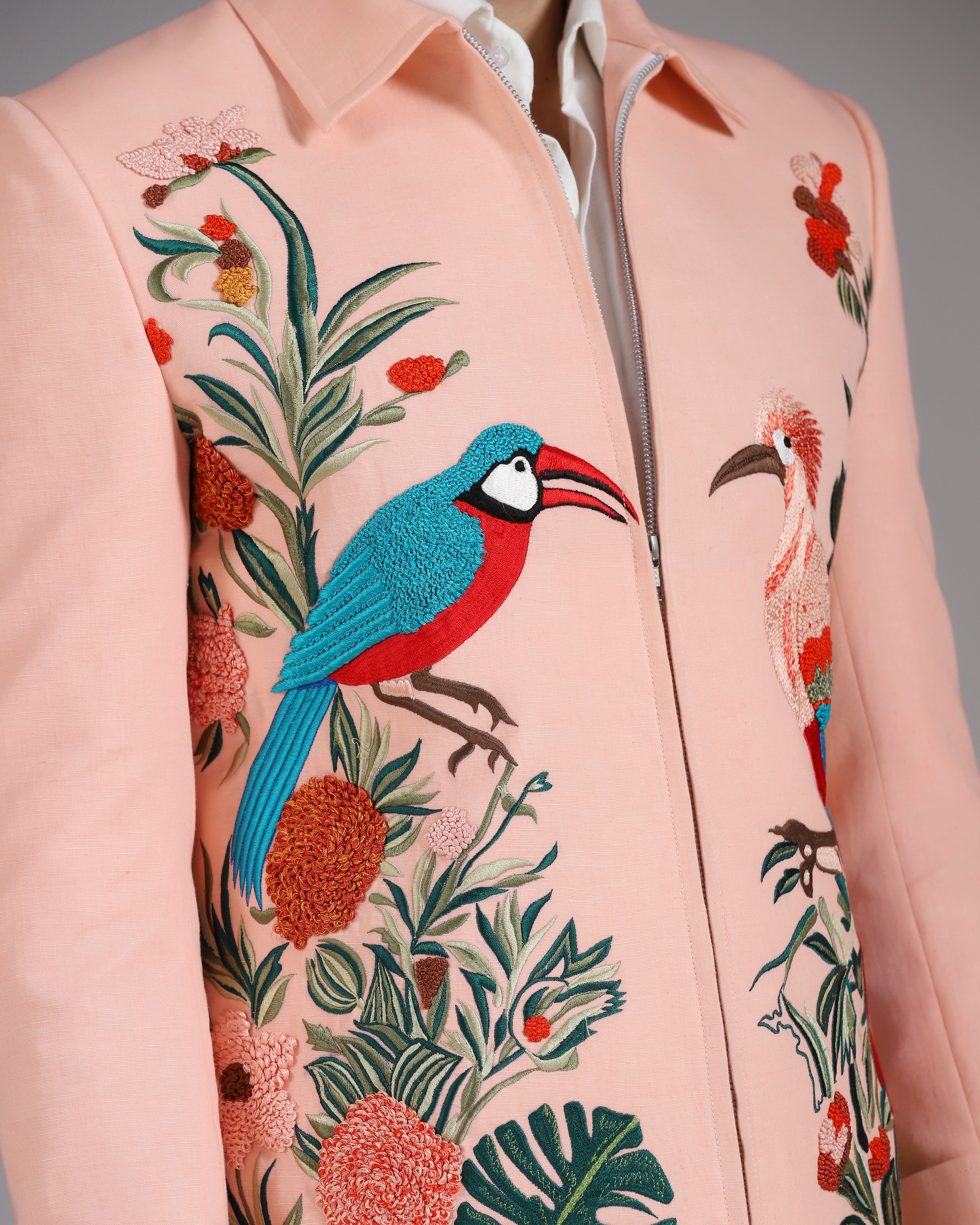Tropical Bird Embroidered Peach Zipper Blazer with Ivory Trousers