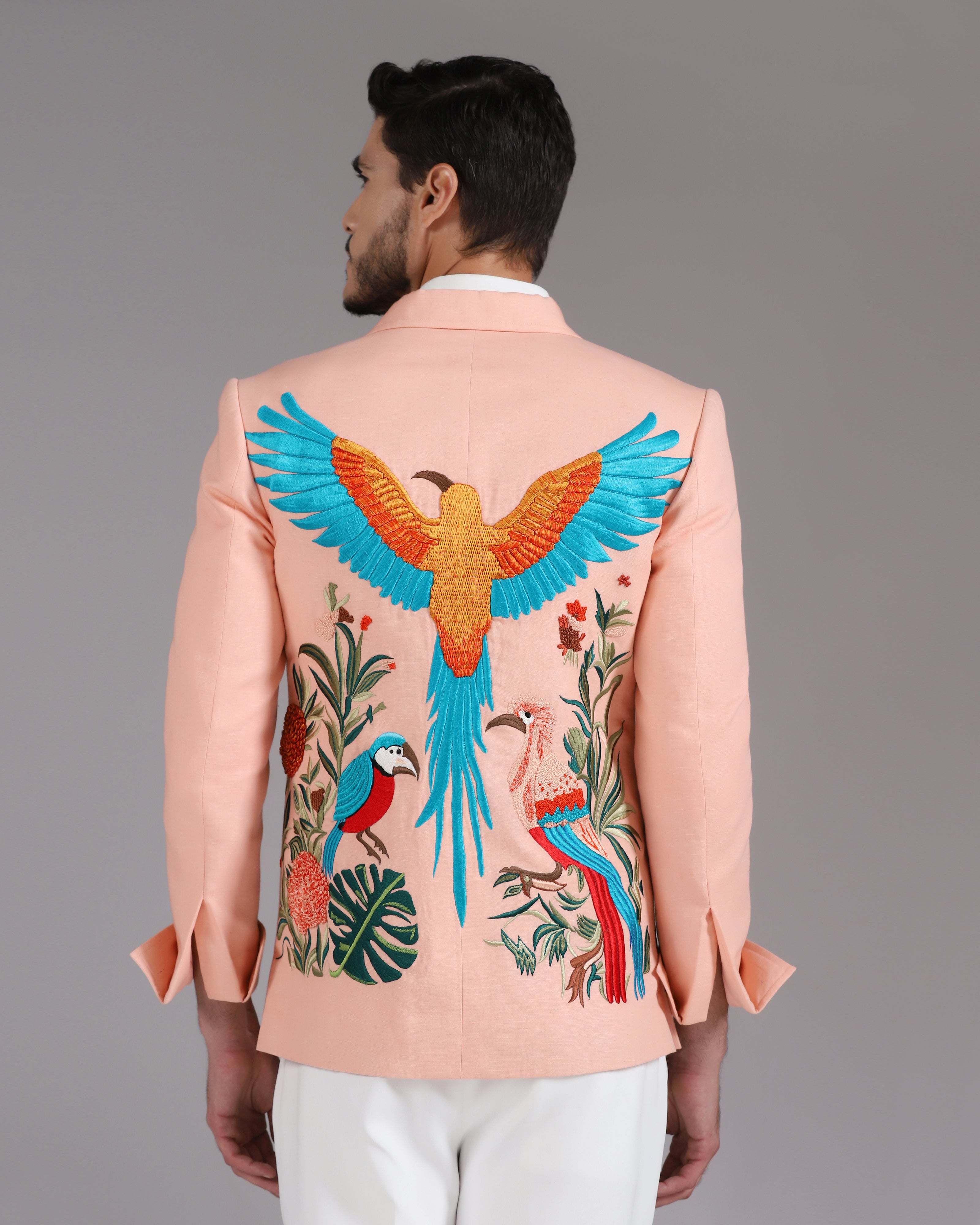 Tropical Bird Embroidered Peach Zipper Blazer with Ivory Trousers