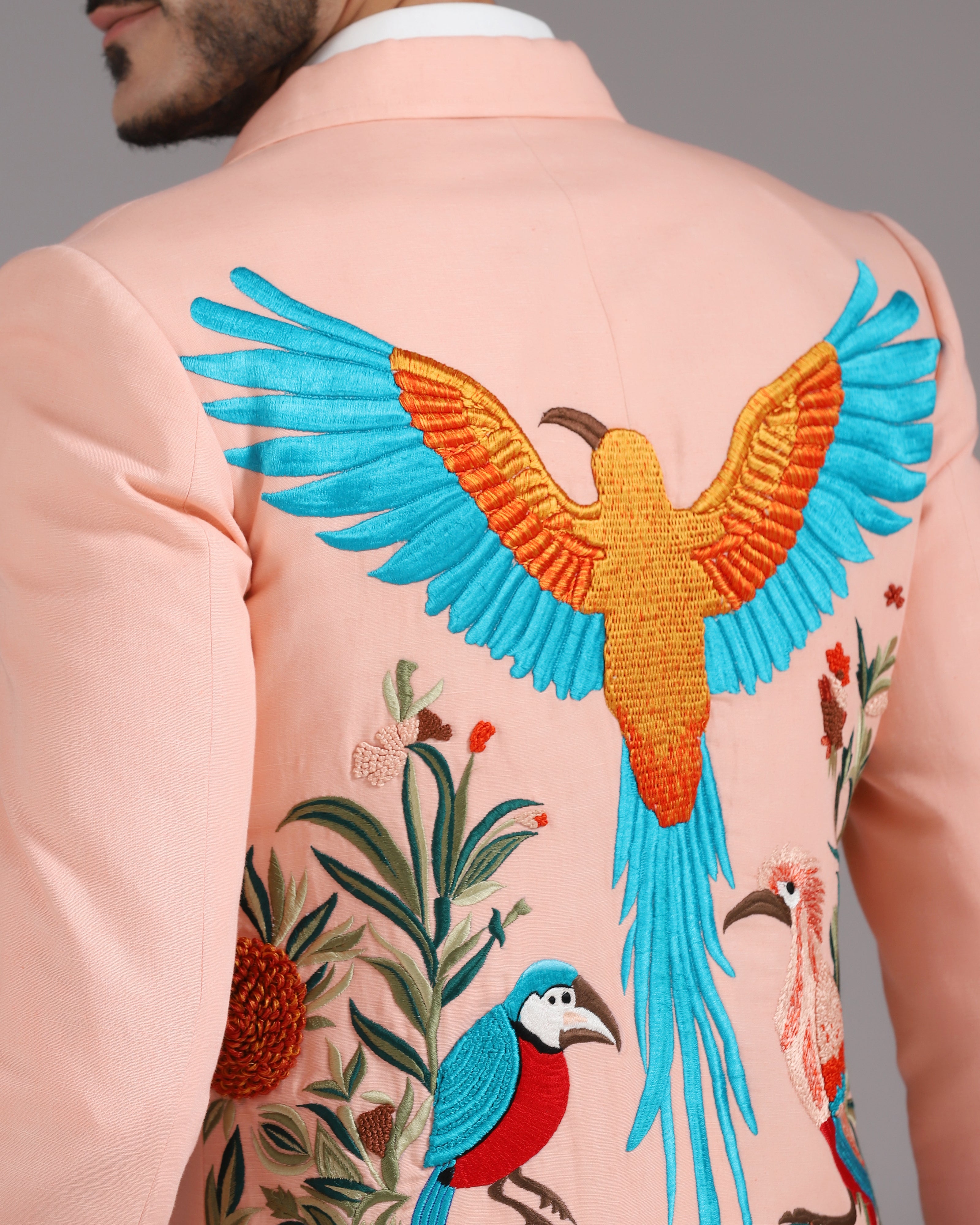 Tropical Bird Embroidered Peach Zipper Blazer with Ivory Trousers