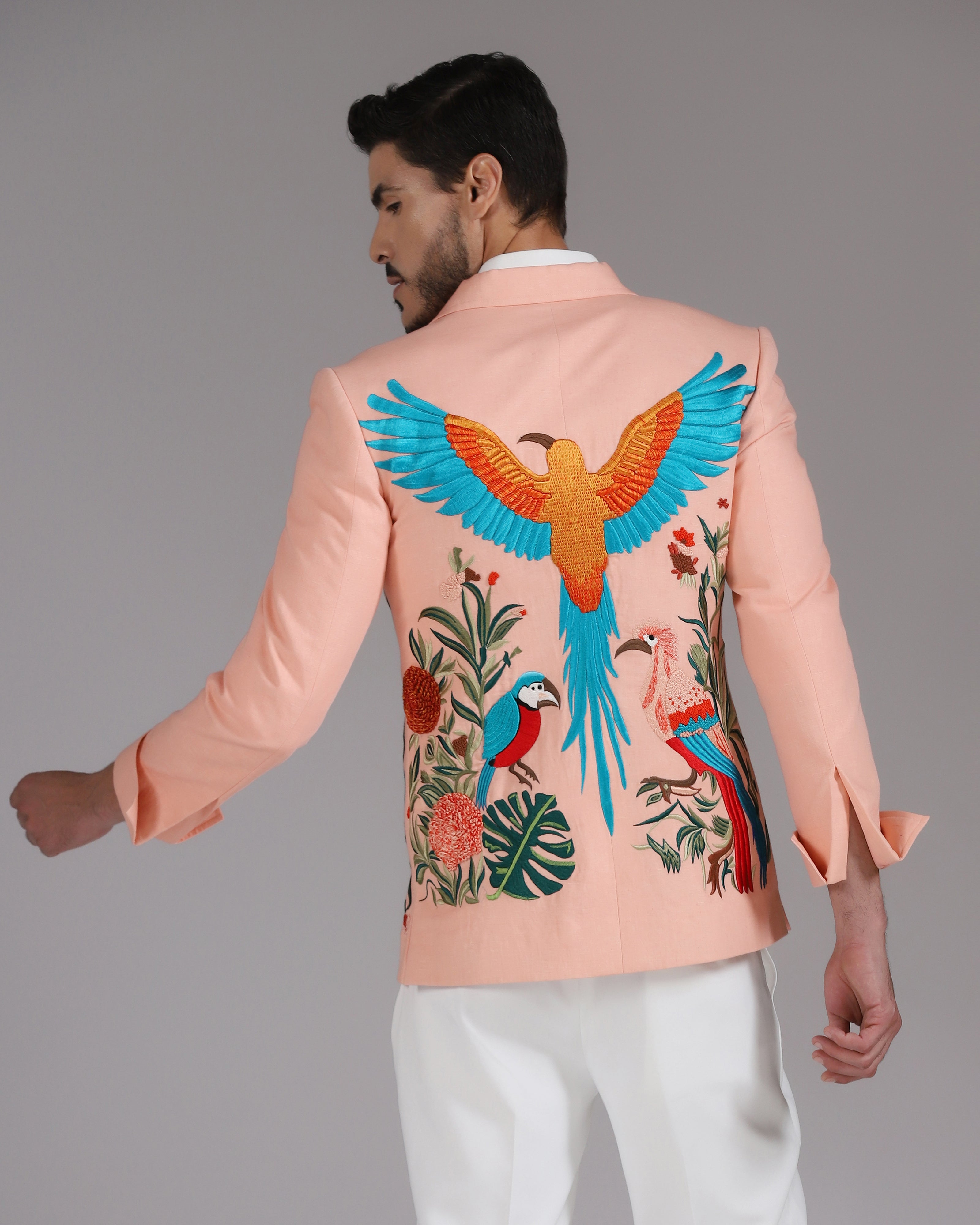 Tropical Bird Embroidered Peach Zipper Blazer with Ivory Trousers