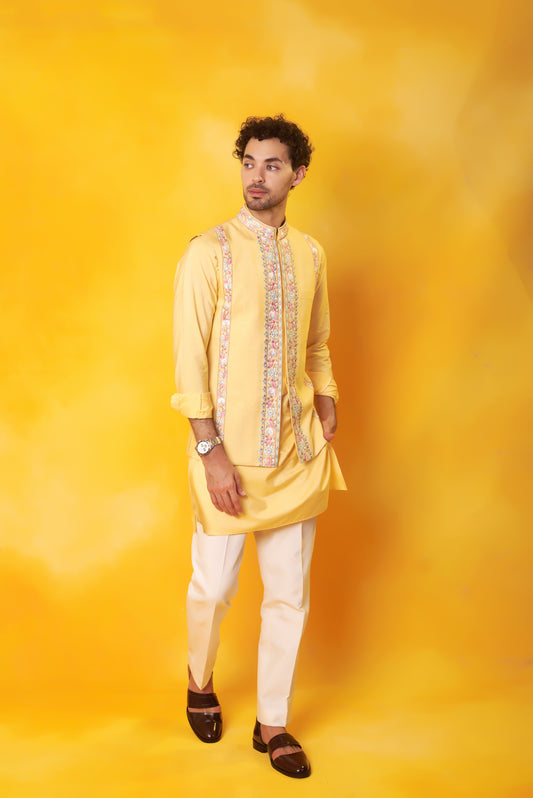 Yellow Kurta and Nehru Jacket with Colourful Embroidery Set