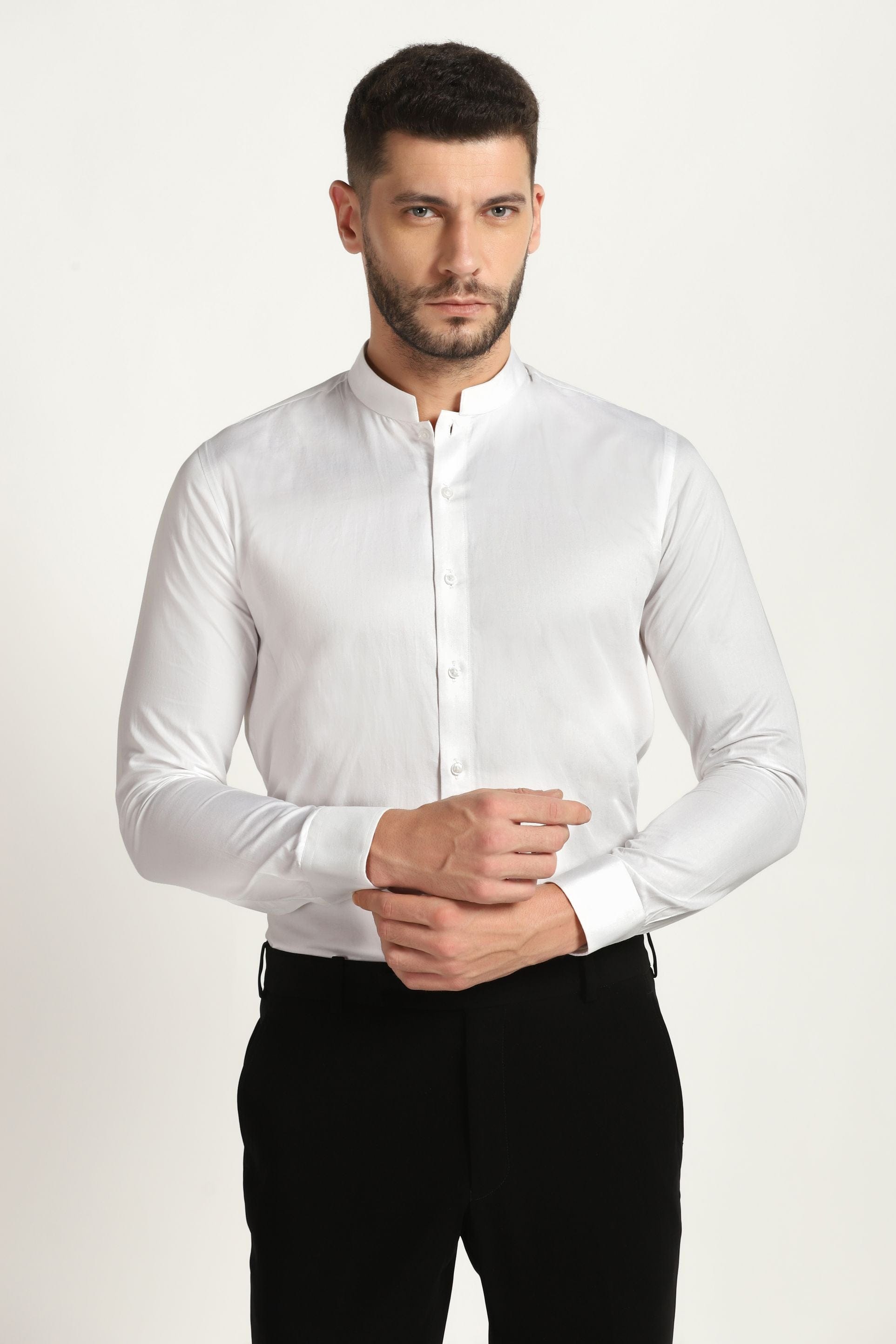White Chinese Collar Shirt | Luxury Men's Fashion
