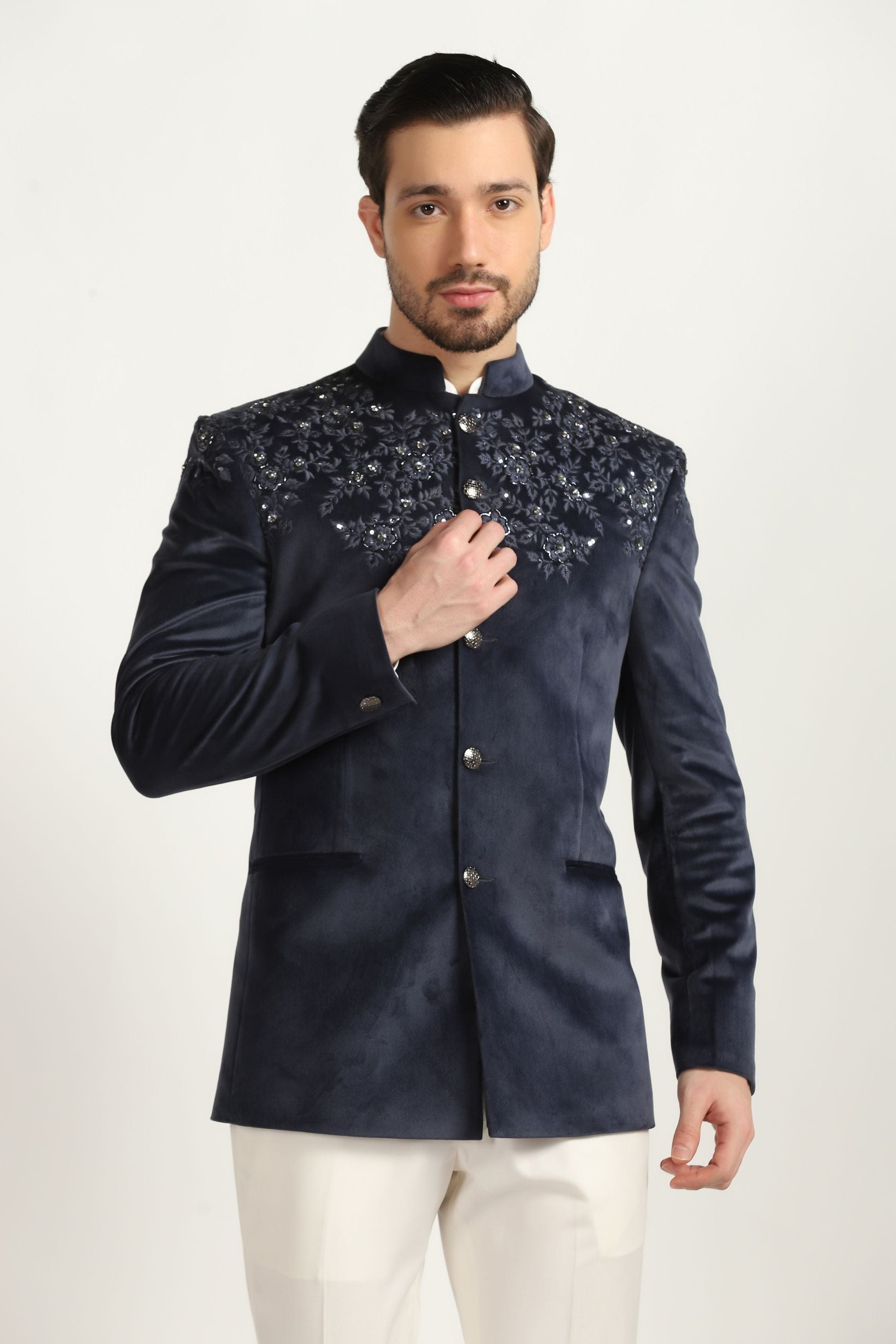 TEAL VELVET EMBROIDERED BANDHGALA
