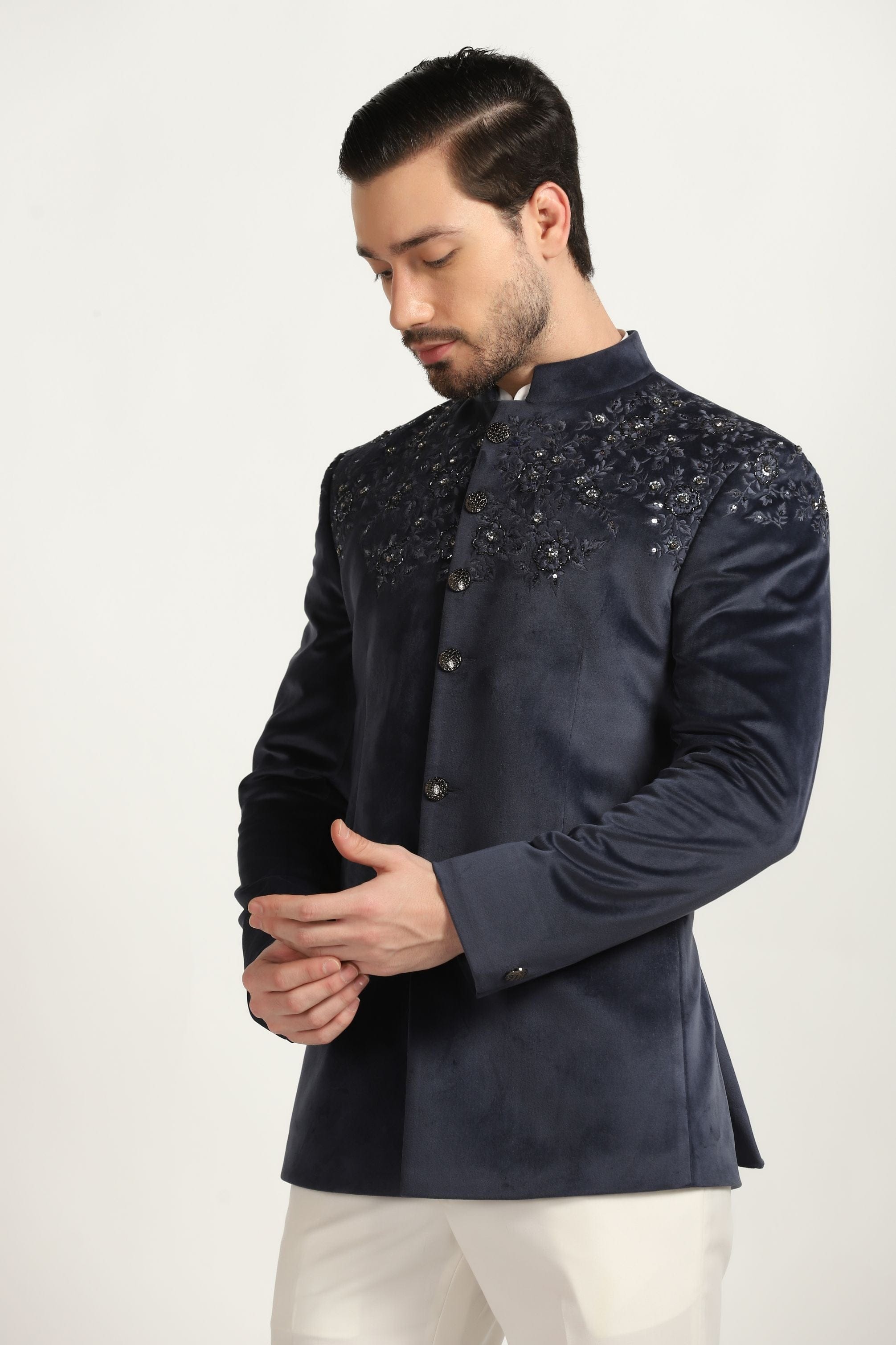 TEAL VELVET EMBROIDERED BANDHGALA