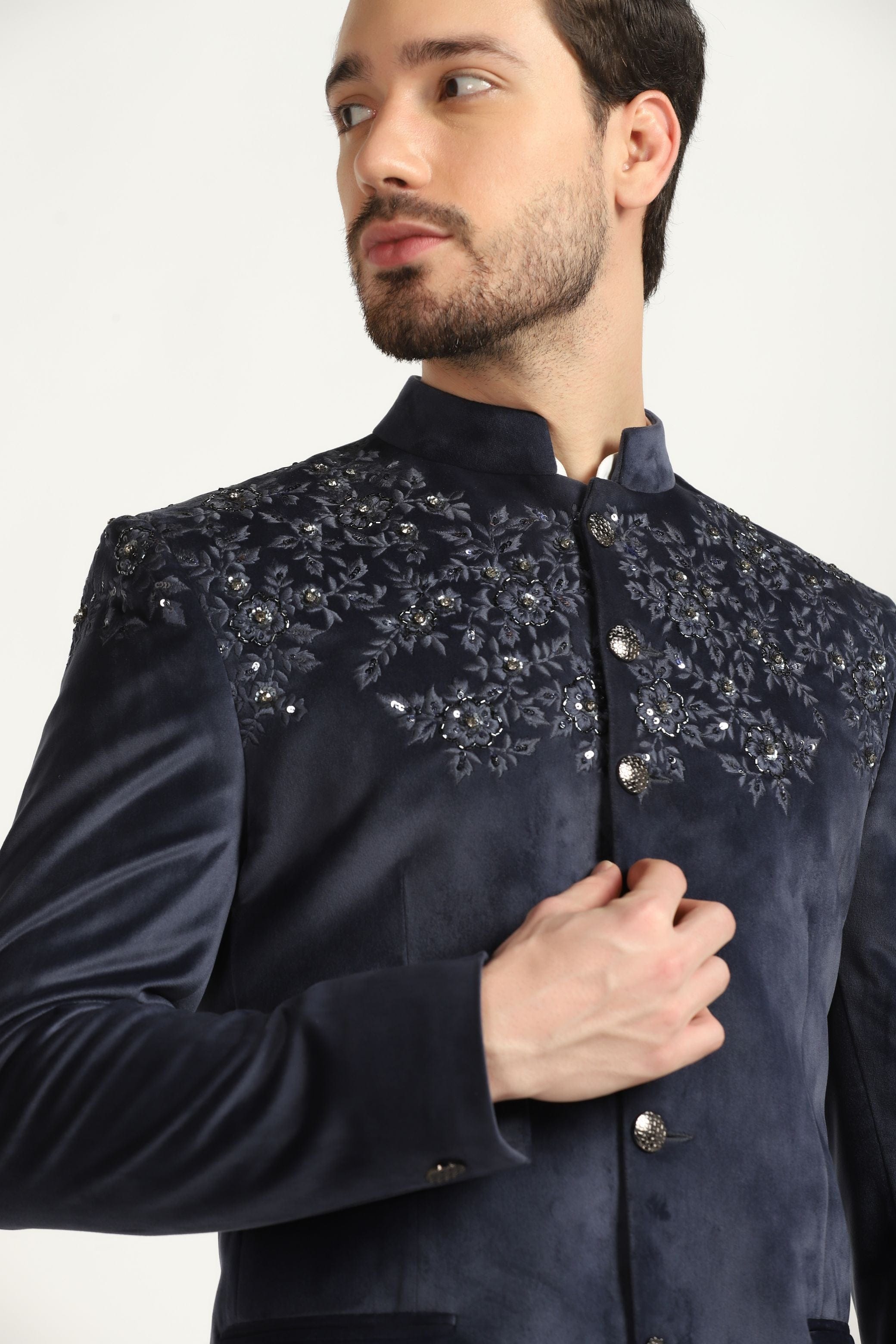 TEAL VELVET EMBROIDERED BANDHGALA