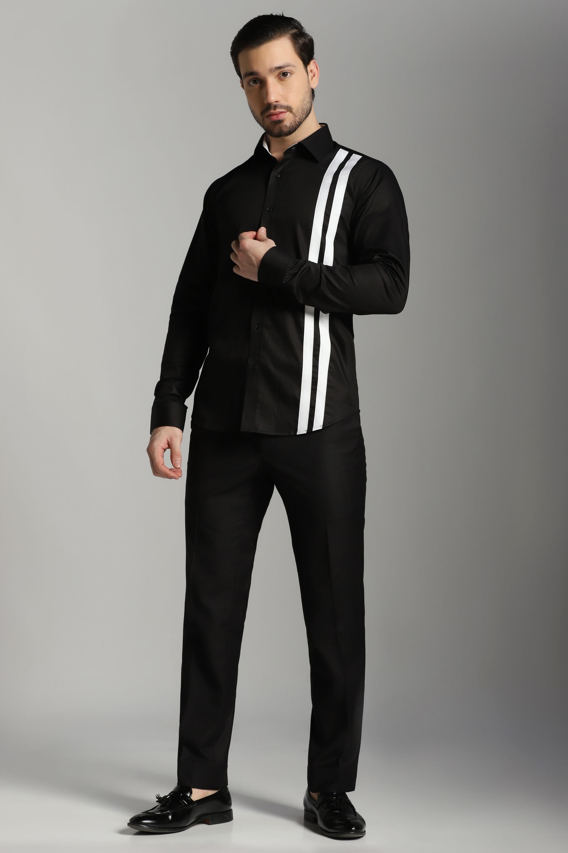 Timeless Stripes: Black Shirt with Elegant White Stripes 44