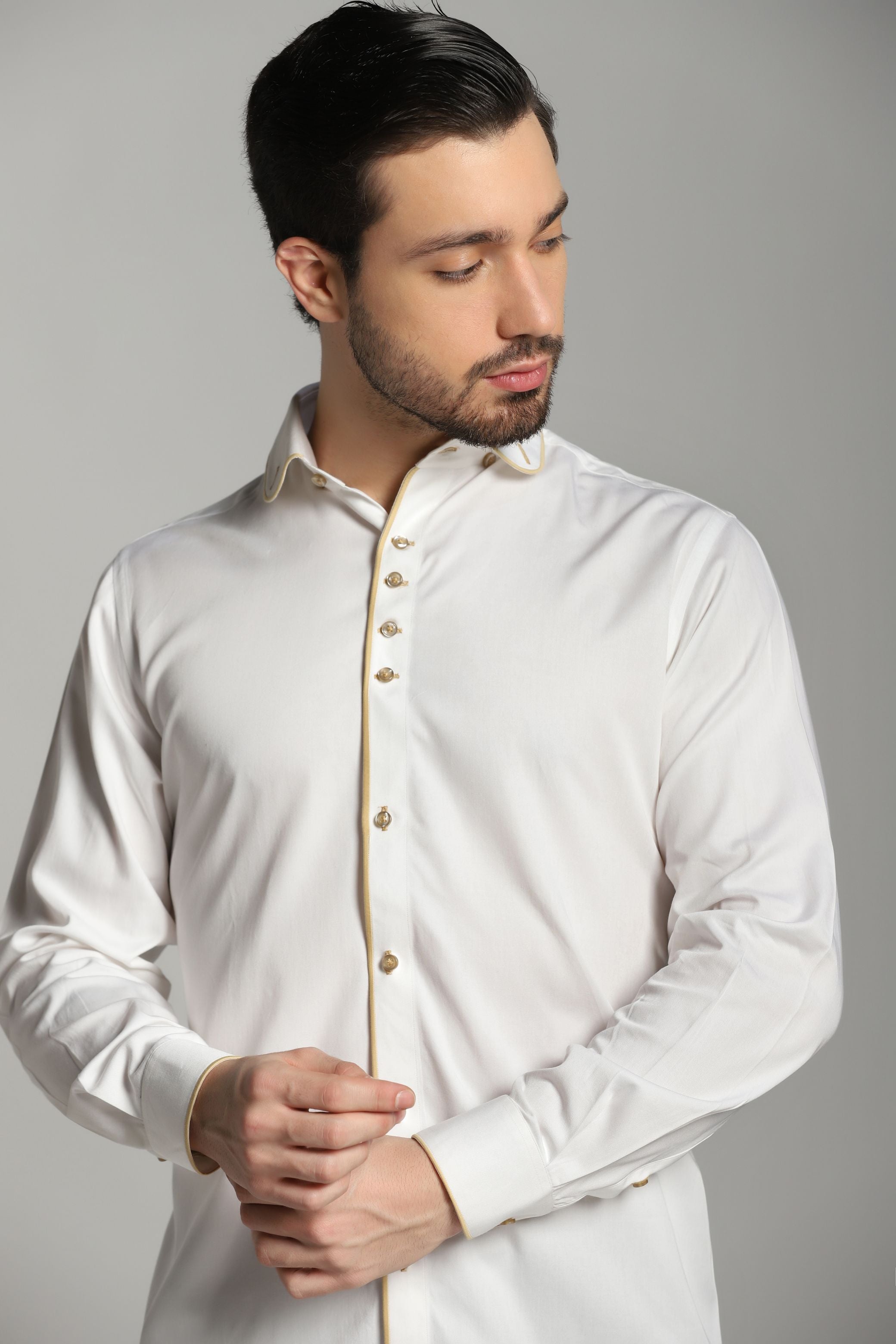 White Shirt with Beige Piping and button holes