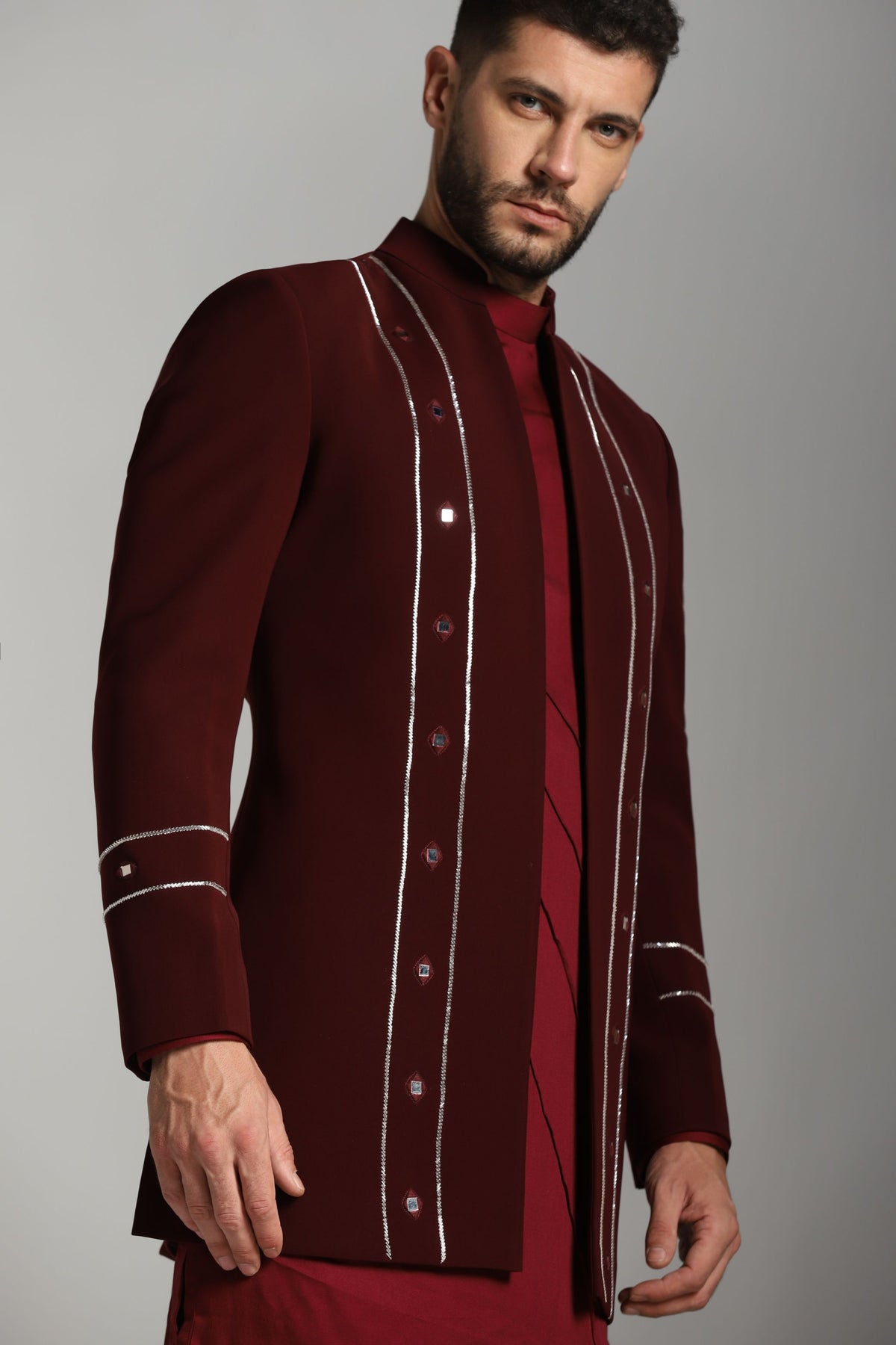 Burgundy Indo-Western fusion full-length alternate angle | Bhavya Bhasin Couture
