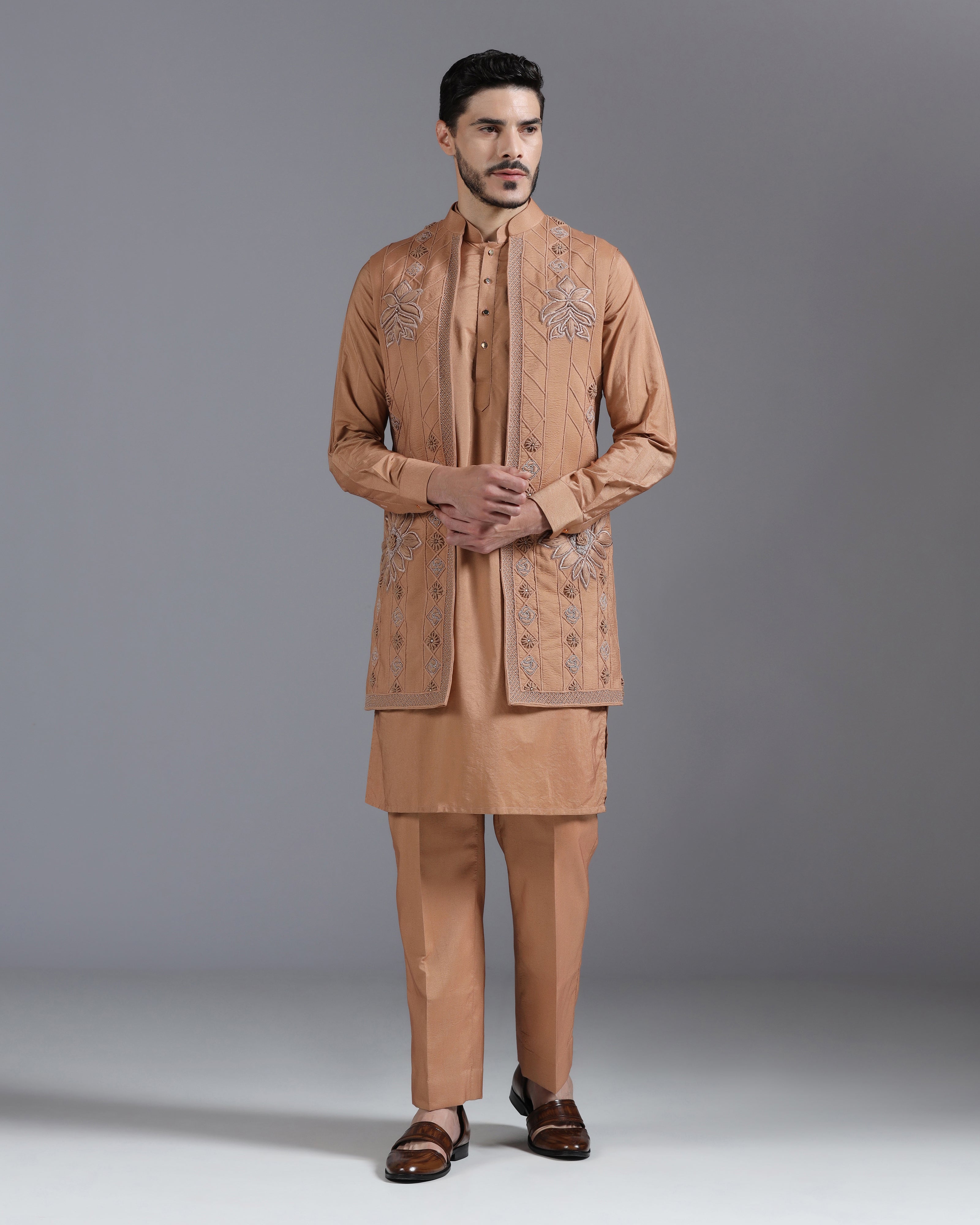 Caramel Brown Embroidered Kurta Nehru Jacket Set