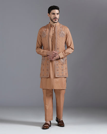 Caramel brown embroidered kurta Nehru jacket set | Bhavya Bhasin Couture