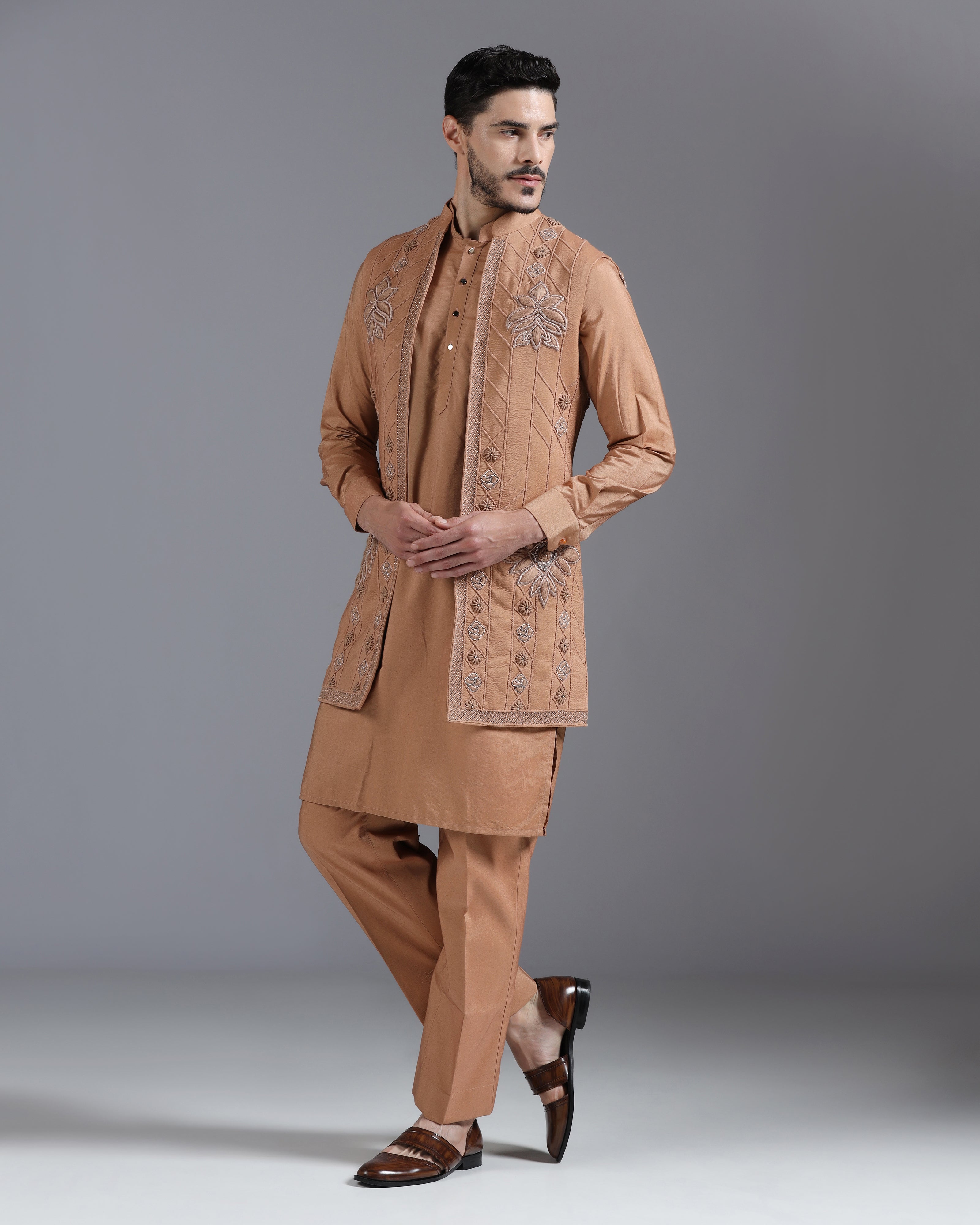 Caramel Brown Embroidered Kurta Nehru Jacket Set