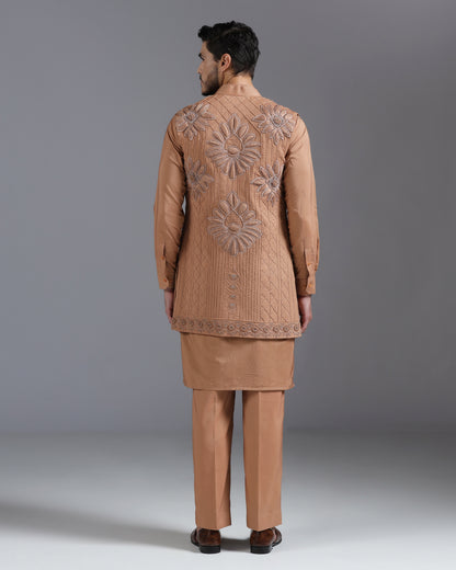 Caramel Brown Embroidered Kurta Nehru Jacket Set