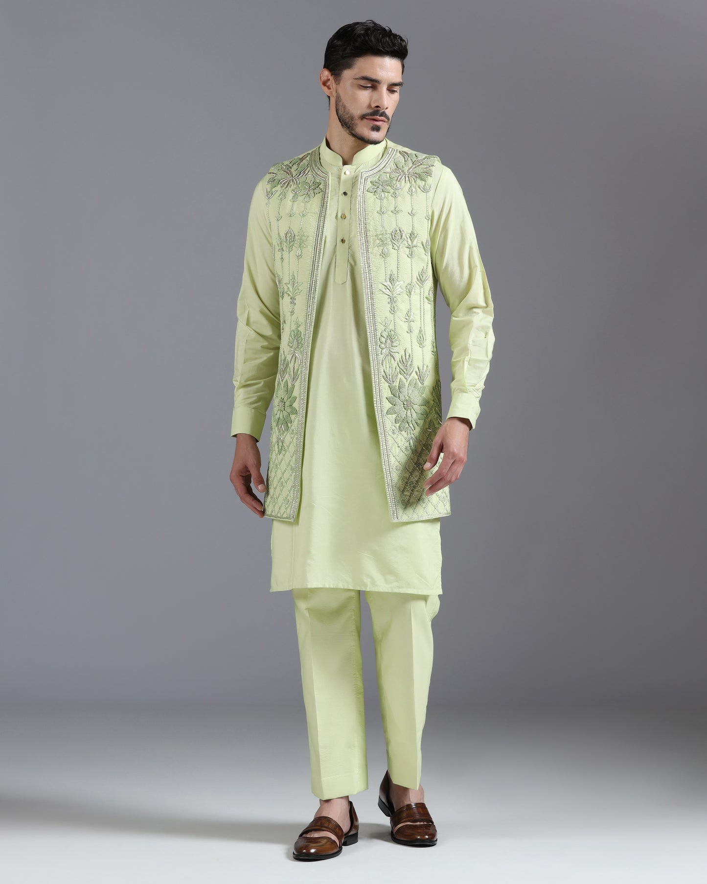 Pastel green hand embroidered kurta Nehru jacket set | Bhavya Bhasin Couture