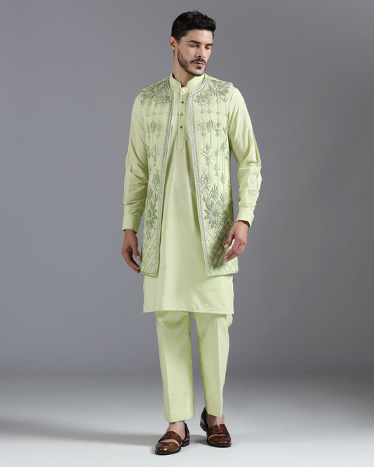 Pastel green hand embroidered kurta Nehru jacket set | Bhavya Bhasin Couture