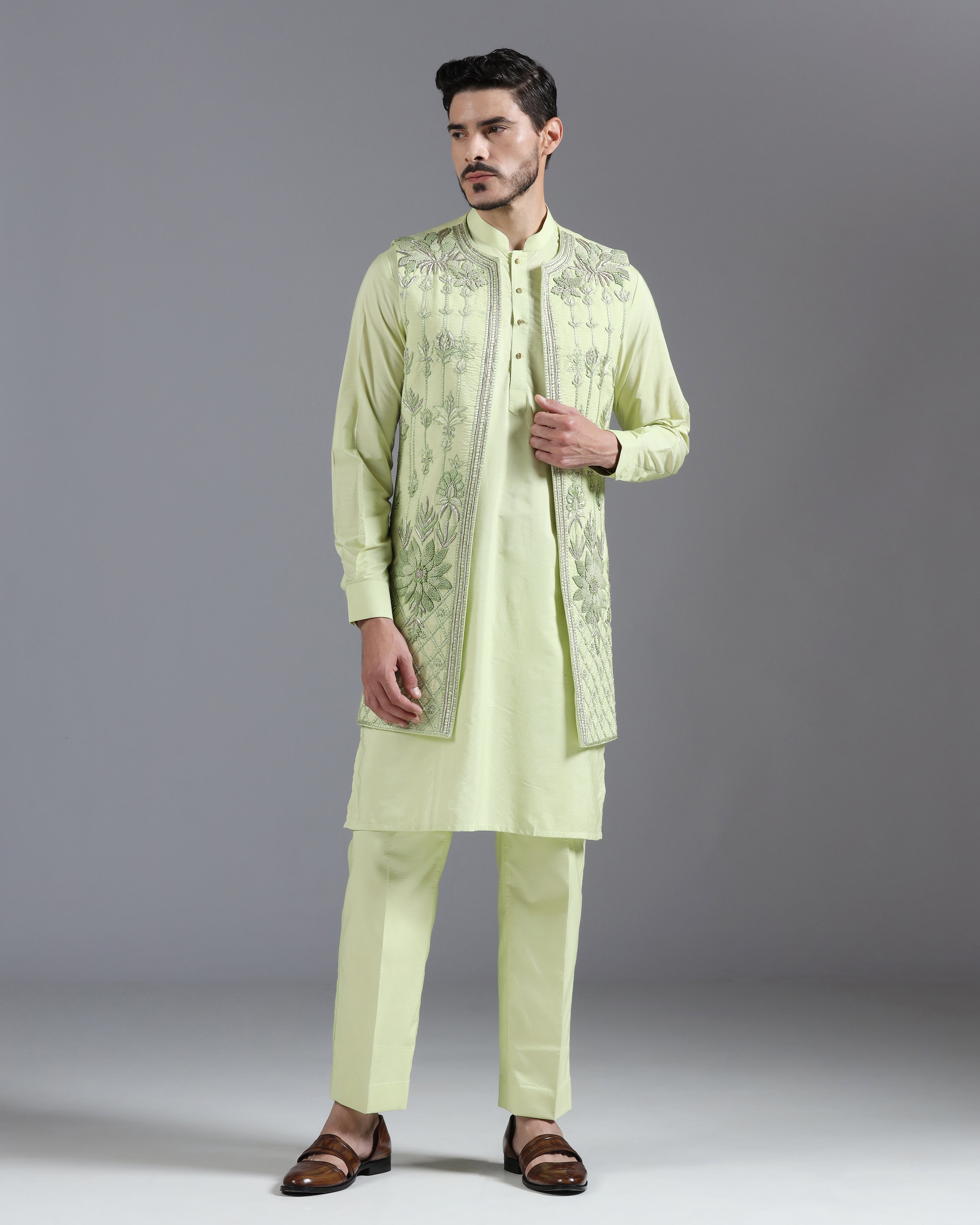 Pastel Green Hand-Embroidered Kurta Nehru Jacket Set