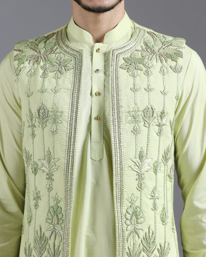 Pastel Green Hand-Embroidered Kurta Nehru Jacket Set