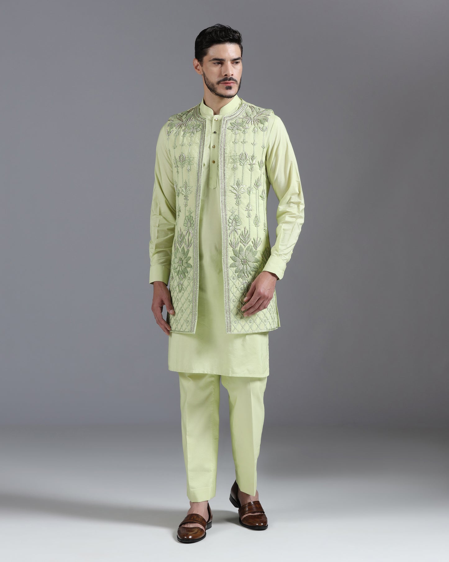 Pastel Green Hand-Embroidered Kurta Nehru Jacket Set