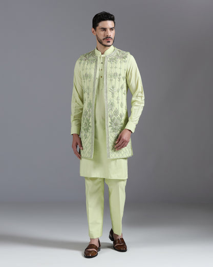 Pastel Green Hand-Embroidered Kurta Nehru Jacket Set