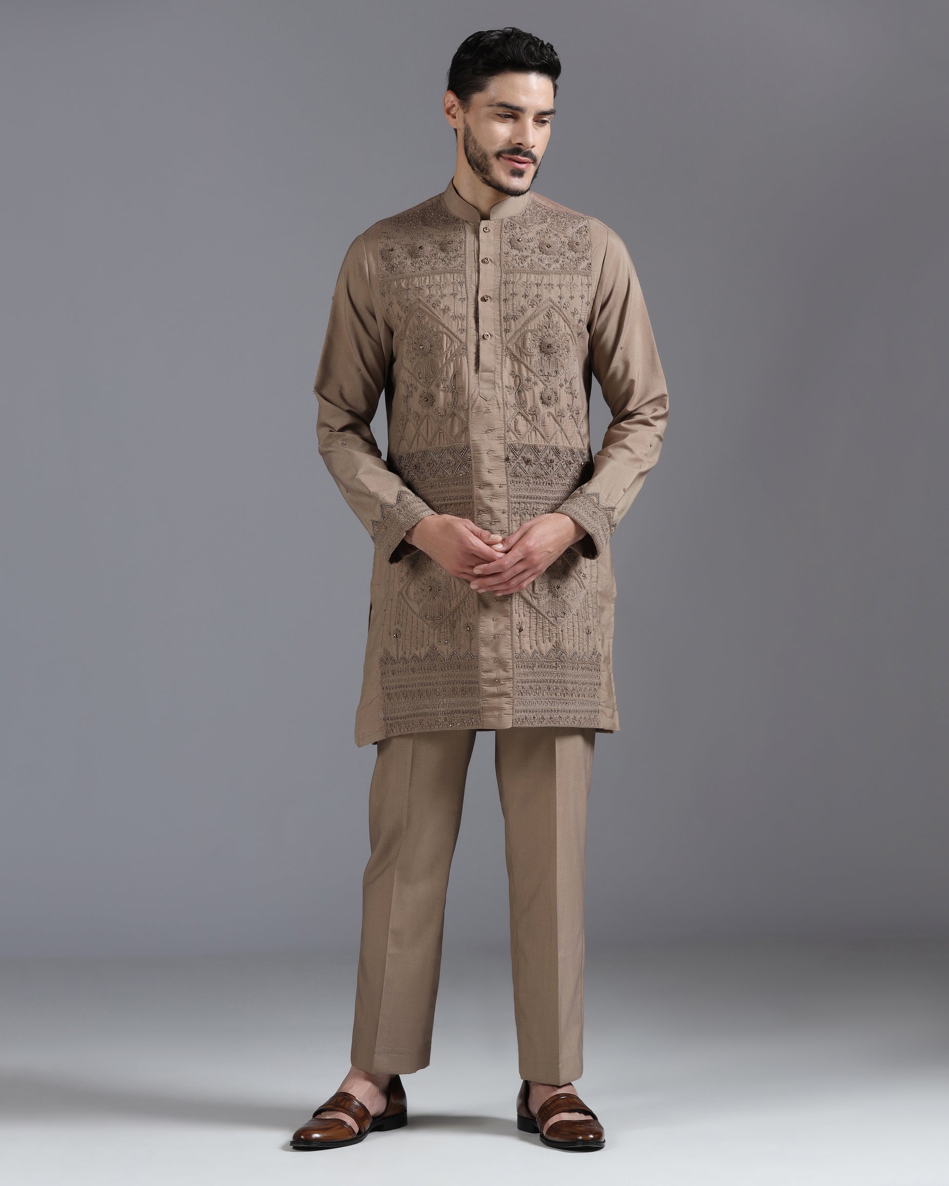 Mocha brown hand embroidered kurta set festive | Bhavya Bhasin Couture