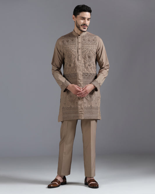 Mocha brown hand embroidered kurta set festive | Bhavya Bhasin Couture