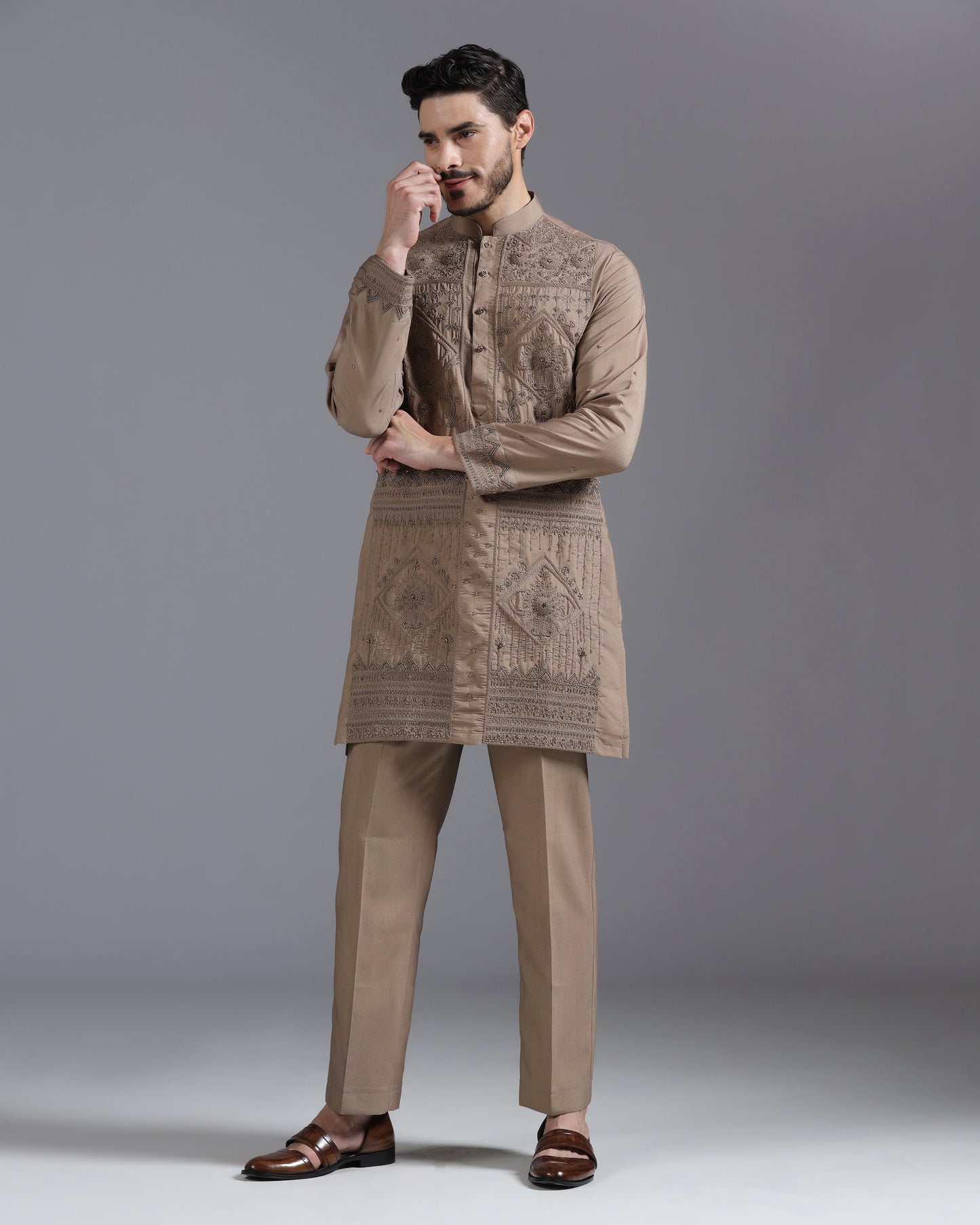 Mocha Brown Hand-Embroidered Kurta Set