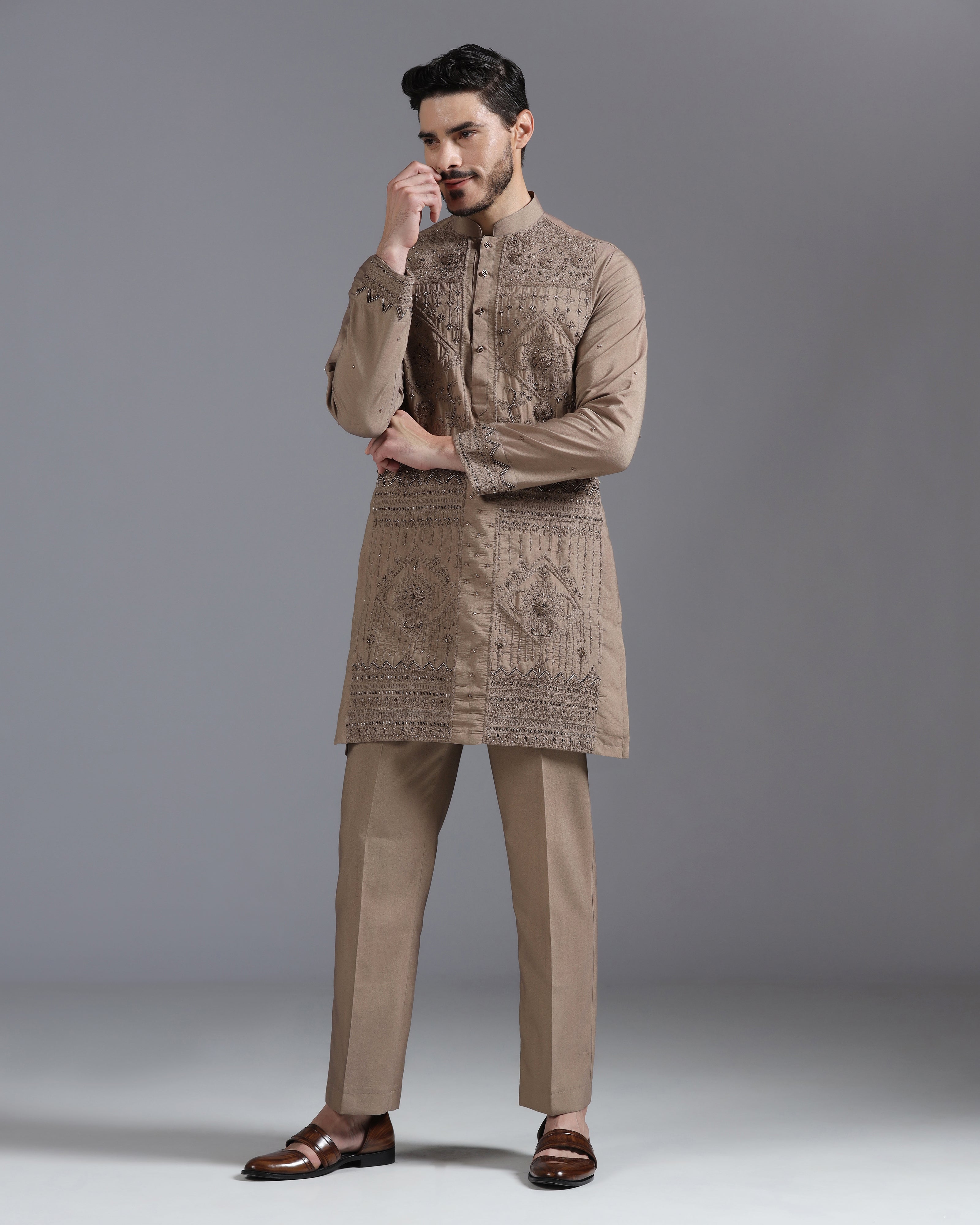 Mocha Brown Hand-Embroidered Kurta Set
