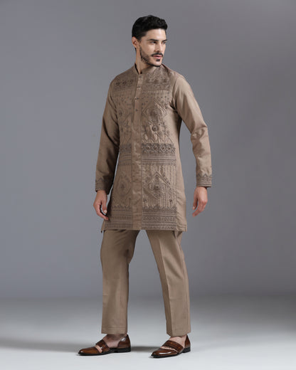 Mocha Brown Hand-Embroidered Kurta Set