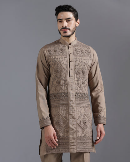 Mocha Brown Hand-Embroidered Kurta Set