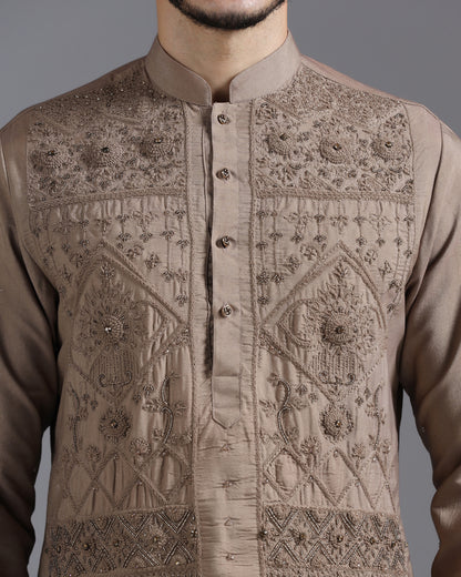 Mocha Brown Hand-Embroidered Kurta Set