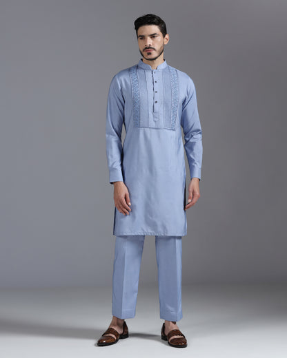 Powder blue hand embroidered kurta set Indian | Bhavya Bhasin Couture