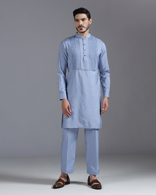 Powder blue hand embroidered kurta set Indian | Bhavya Bhasin Couture
