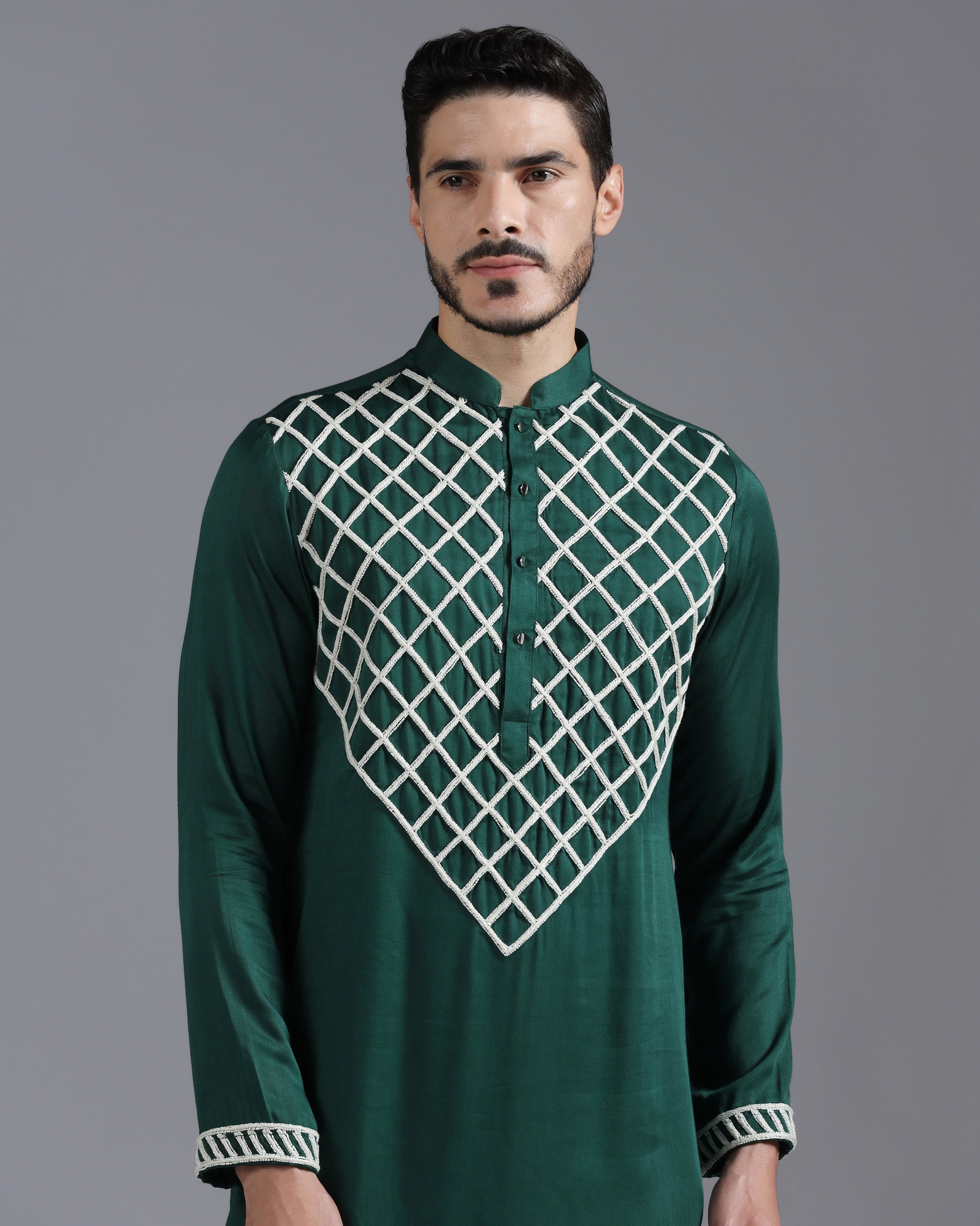 Emerald Green Kurta Set with Hand Embroidered Ivory Cutdana Detailing