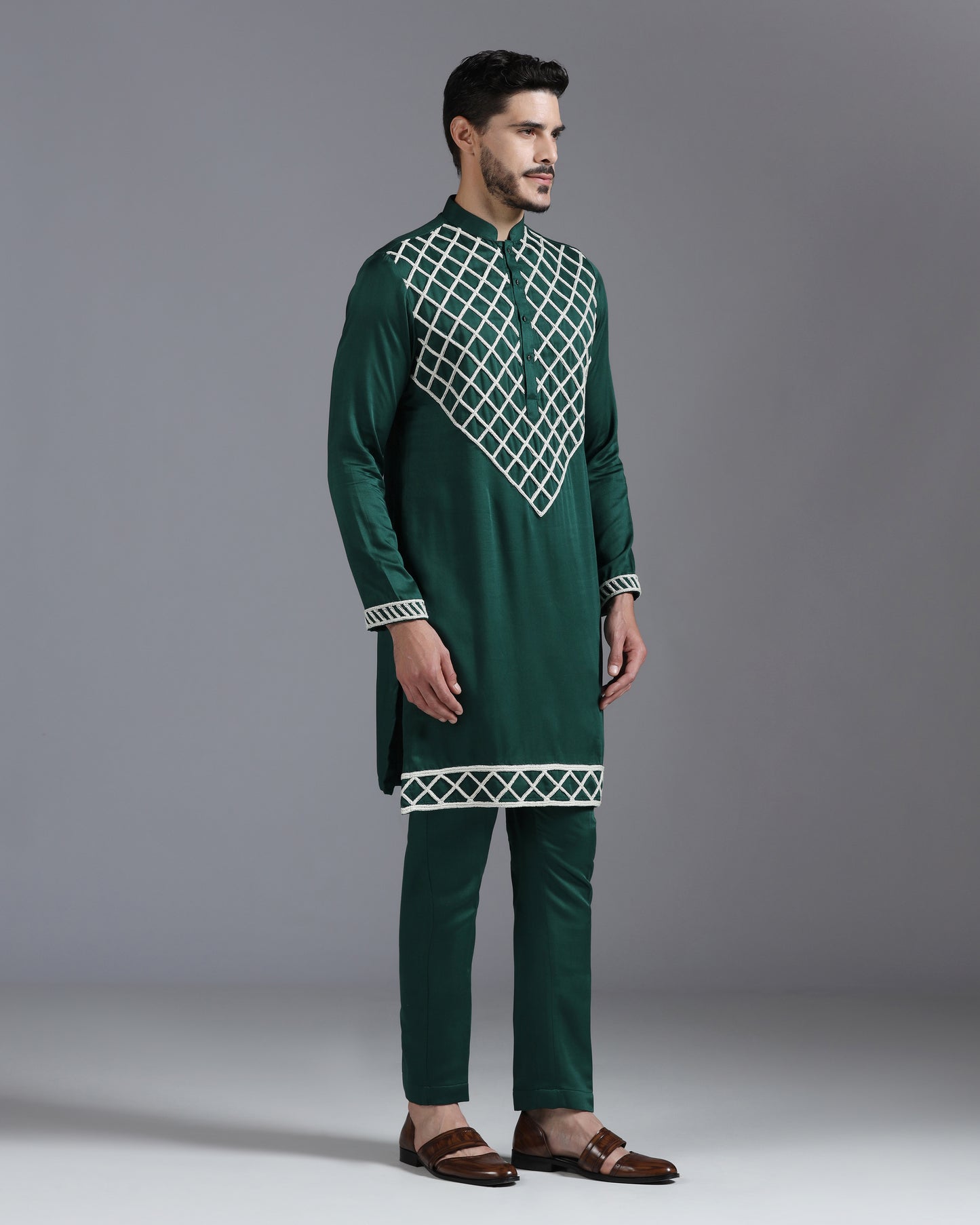 Emerald Green Kurta Set with Hand Embroidered Ivory Cutdana Detailing