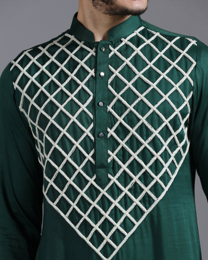 Emerald Green Kurta Set with Hand Embroidered Ivory Cutdana Detailing