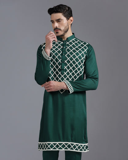 Emerald Green Kurta Set with Hand Embroidered Ivory Cutdana Detailing