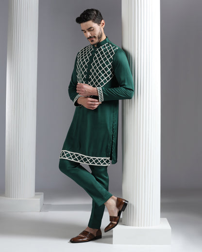 Emerald Green Kurta Set with Hand Embroidered Ivory Cutdana Detailing