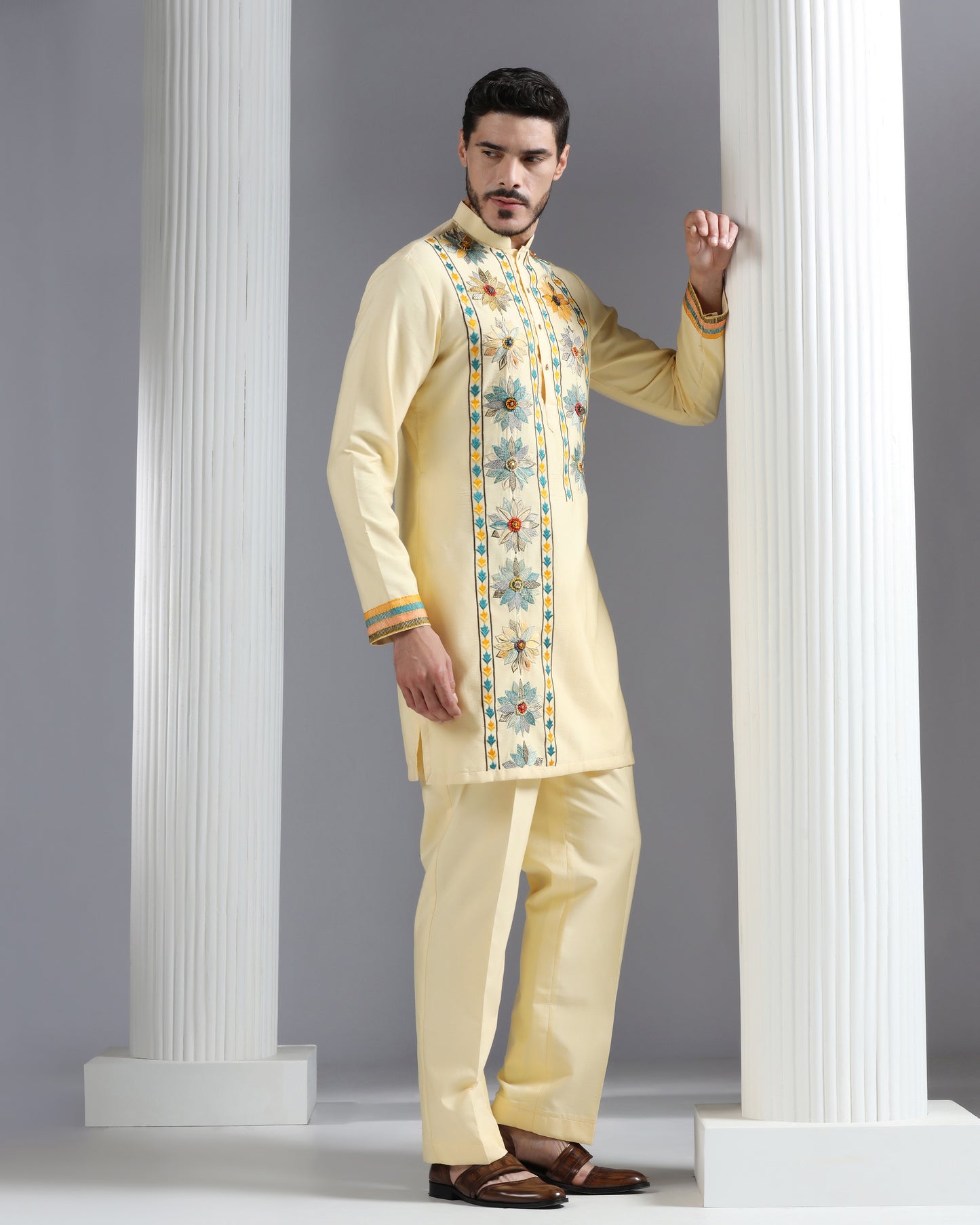 Butter yellow kurta set with multicolour floral accents | Bhavya Bhasin Couture
