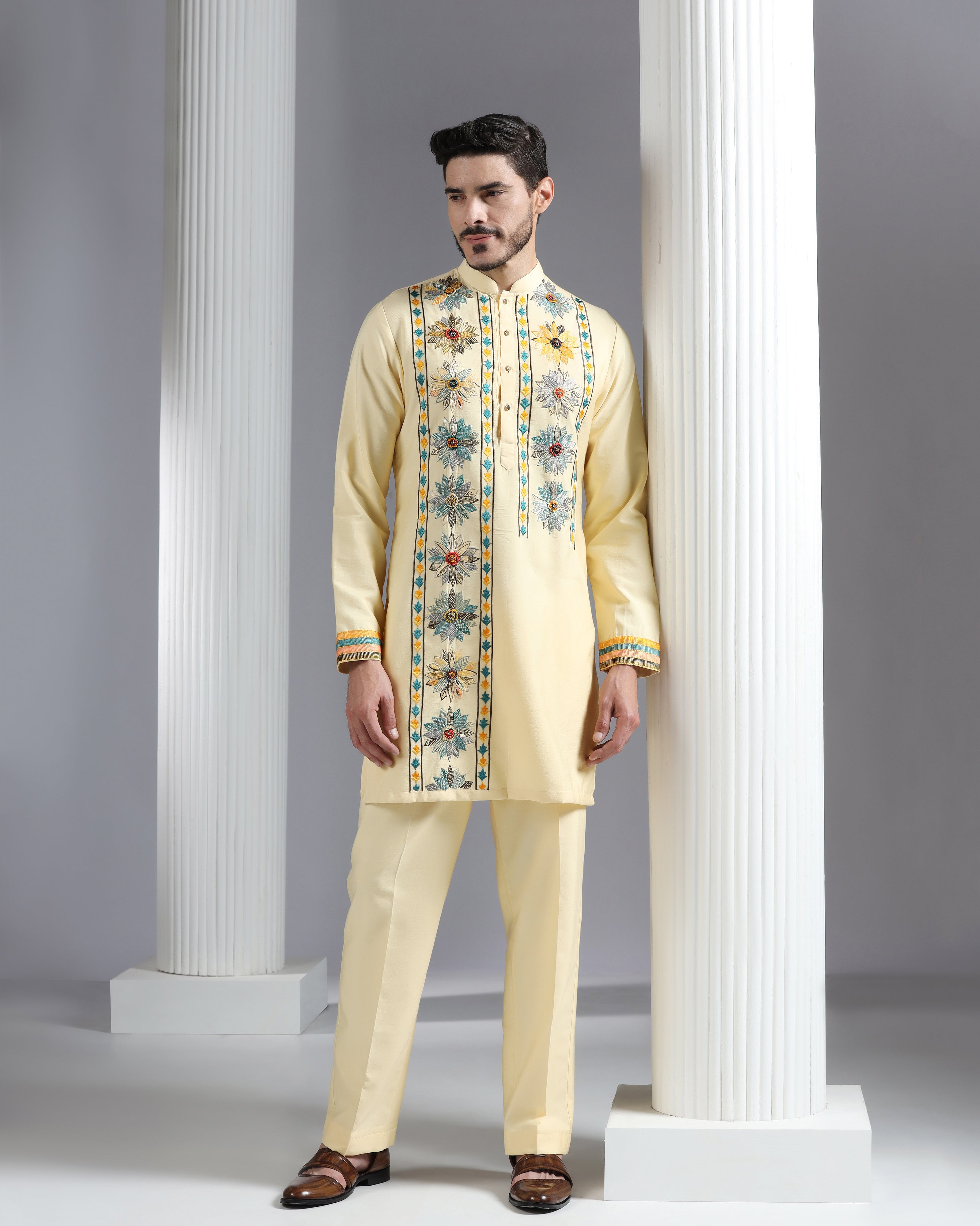 Butter Yellow Kurta Set with Multicolor Floral Accents