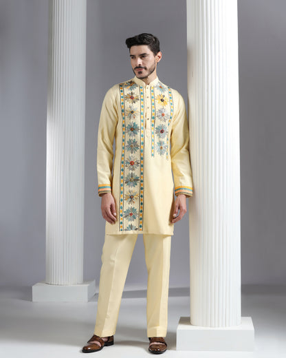 Butter Yellow Kurta Set with Multicolor Floral Accents