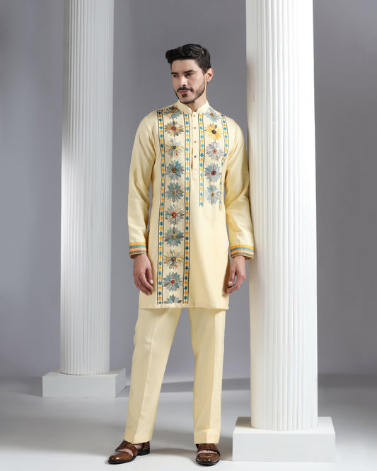 Butter Yellow Kurta Set with Multicolor Floral Accents