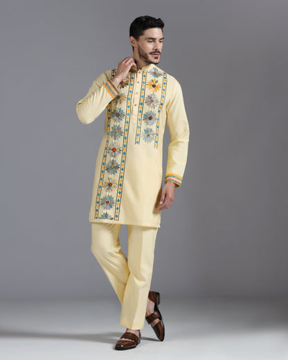 Butter Yellow Kurta Set with Multicolor Floral Accents