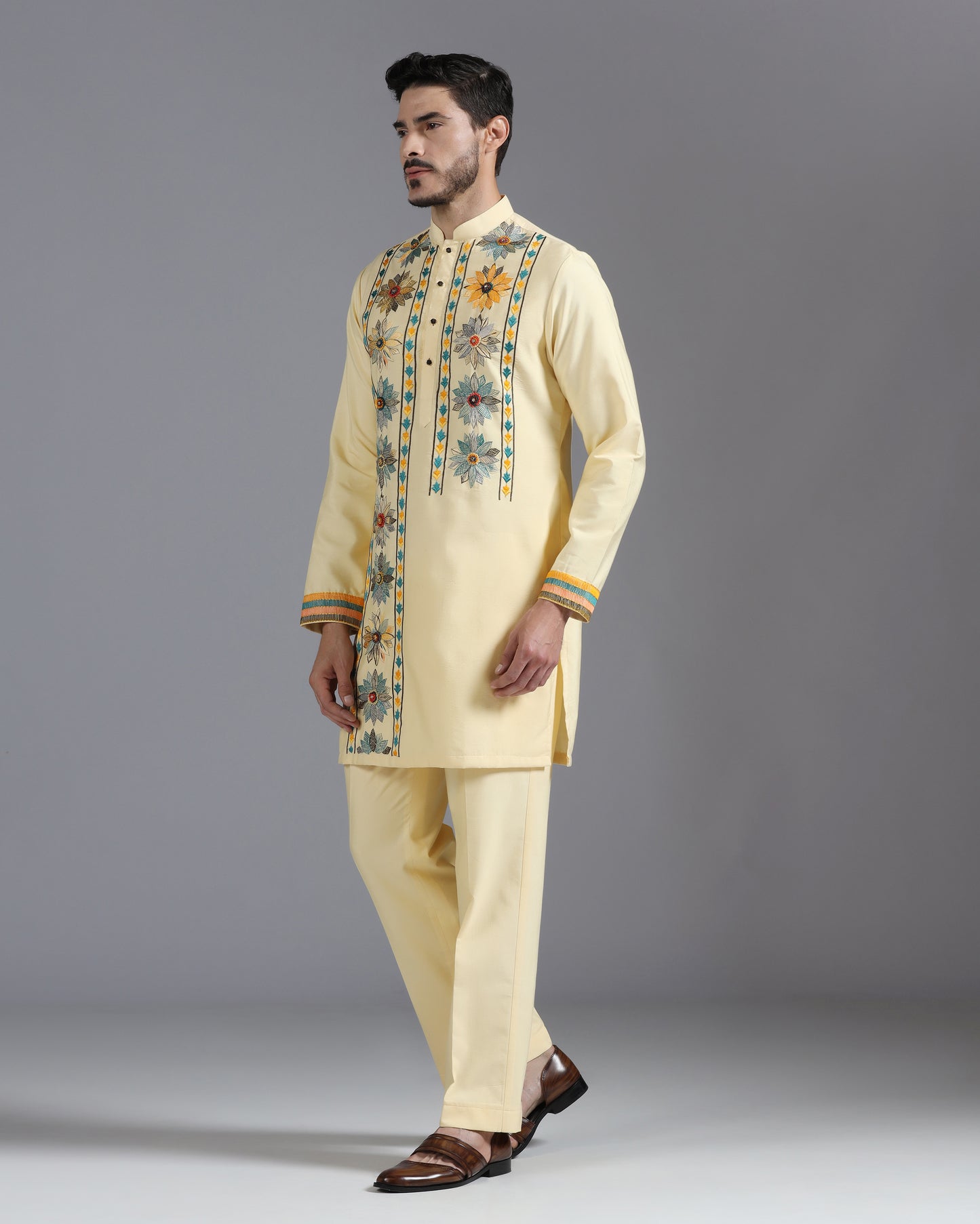 Butter Yellow Kurta Set with Multicolor Floral Accents